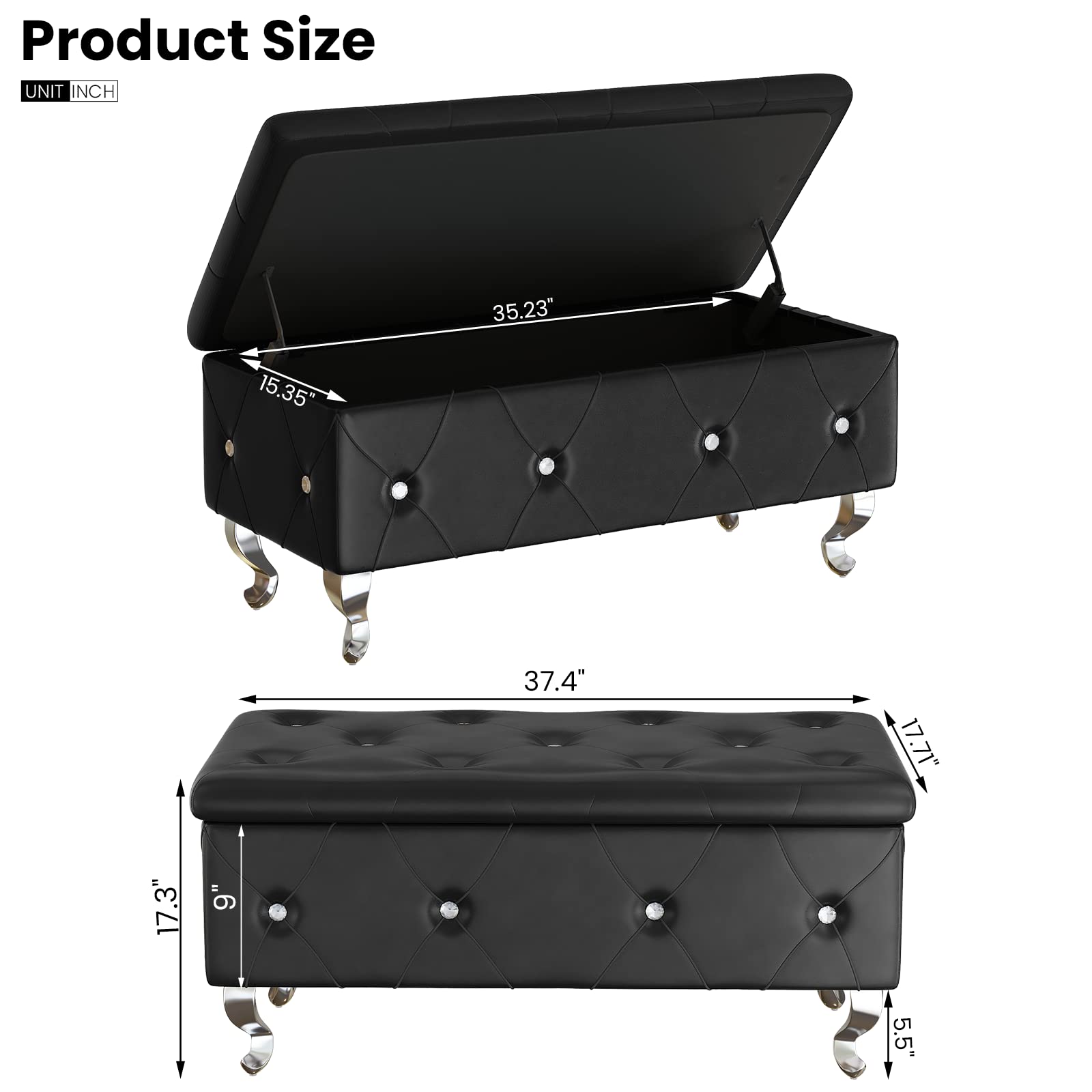 PU Leather Storage Ottoman Bench with Button Tufted Design, 37.4