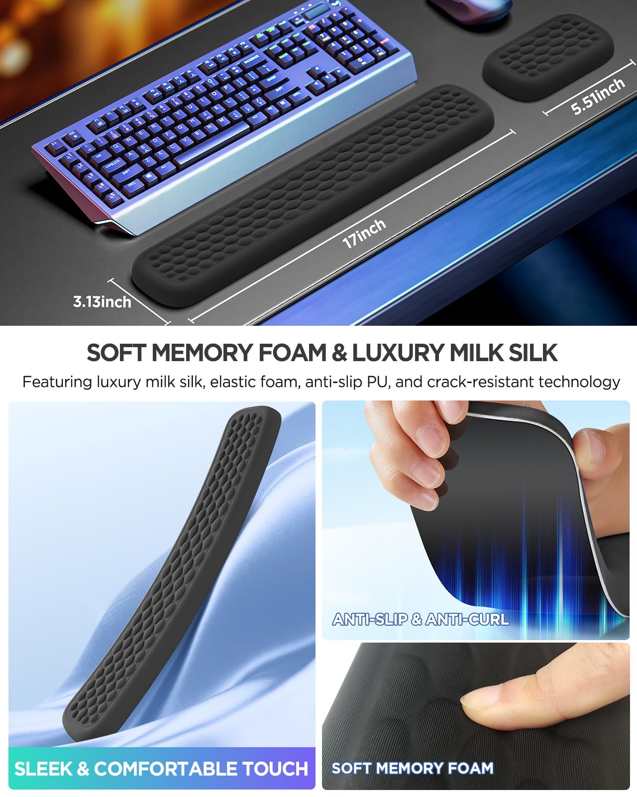 Lekvey Ergonomic Keyboard Wrist Rest - Memory Foam Support for Office & Gaming, Typing Pain Relief - Black