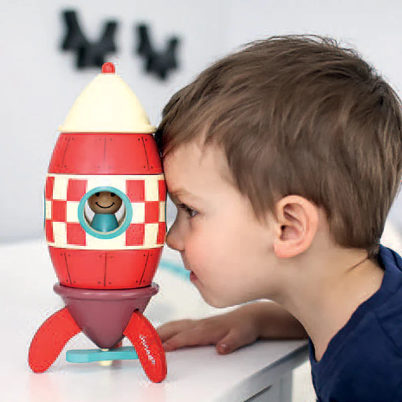 Janod Large Magnetic Wooden Toy Rocket for Kids - STEM Learning Space Exploration Playset for Toddlers & Preschoolers - Perfect for Imaginative Play & Early Childhood Development