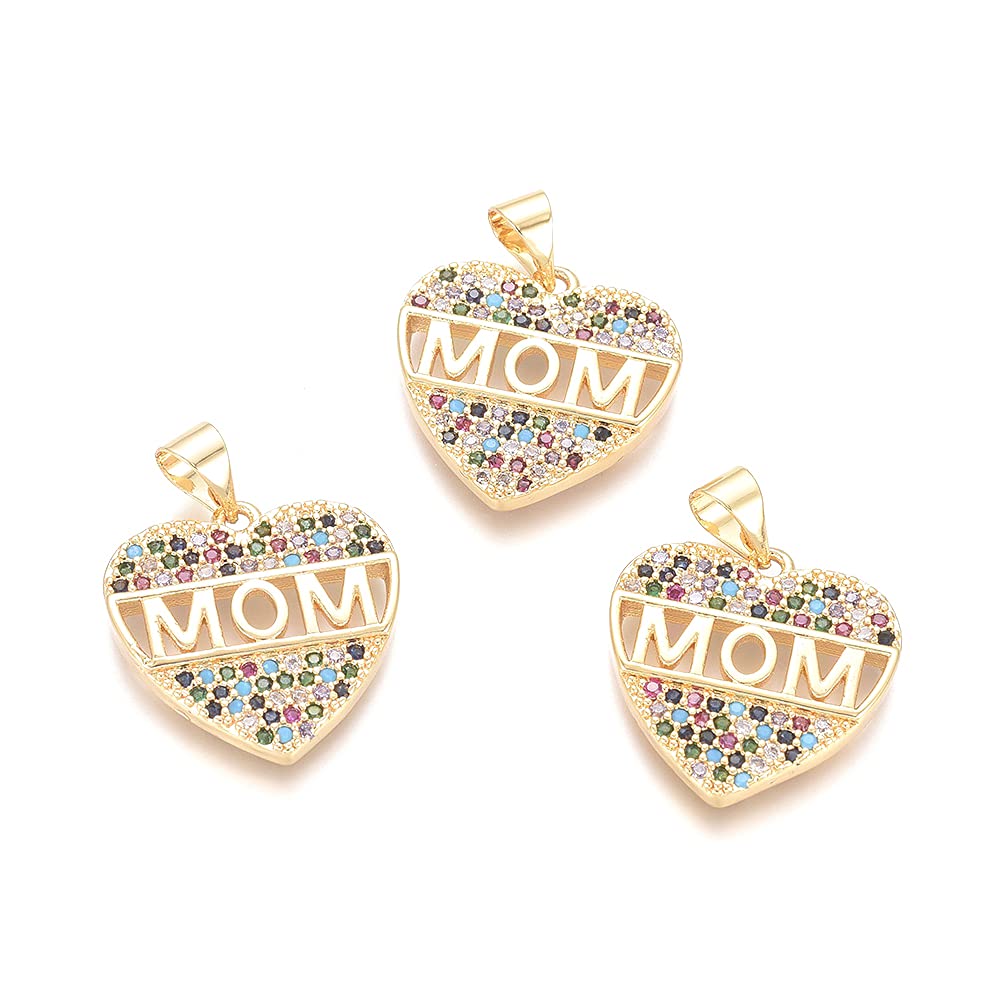 Cheriswelry 5pcs Heart Brass Charms - MOM Pendant with Cubic Zirconia Stones, Colorful Micro Pave CZ Dangle for DIY Jewelry Making, Necklace & Earring Craft Supplies - Perfect for Mother's Day Gifts & Handmade Accessories