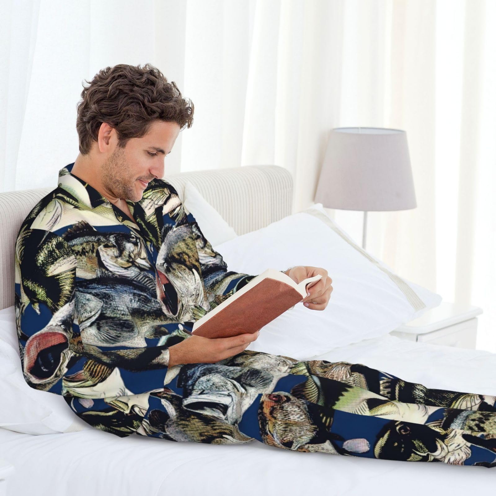 Men's Fish Print Pajama Set - Long Sleeve Button Down Sleepwear with Pockets | Comfortable Lounge Wear for Home, Travel & Relaxation