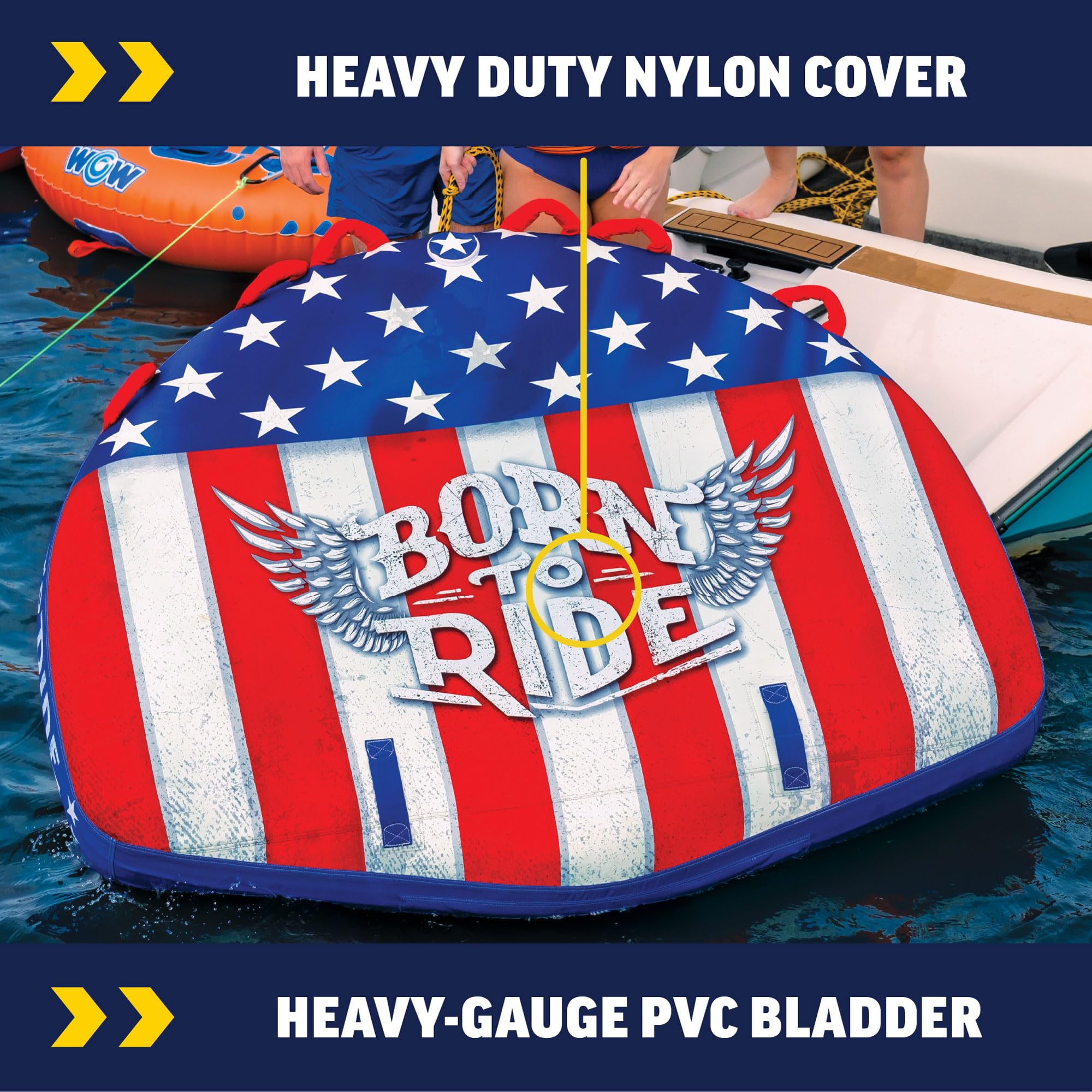 WOW Sports Wow Born to Ride 3P Towable Tube - Premium 3-Person Inflatable Water Tube for Boating & Lake Fun - Perfect for Family Outings, Beach Parties & Summer Water Sports
