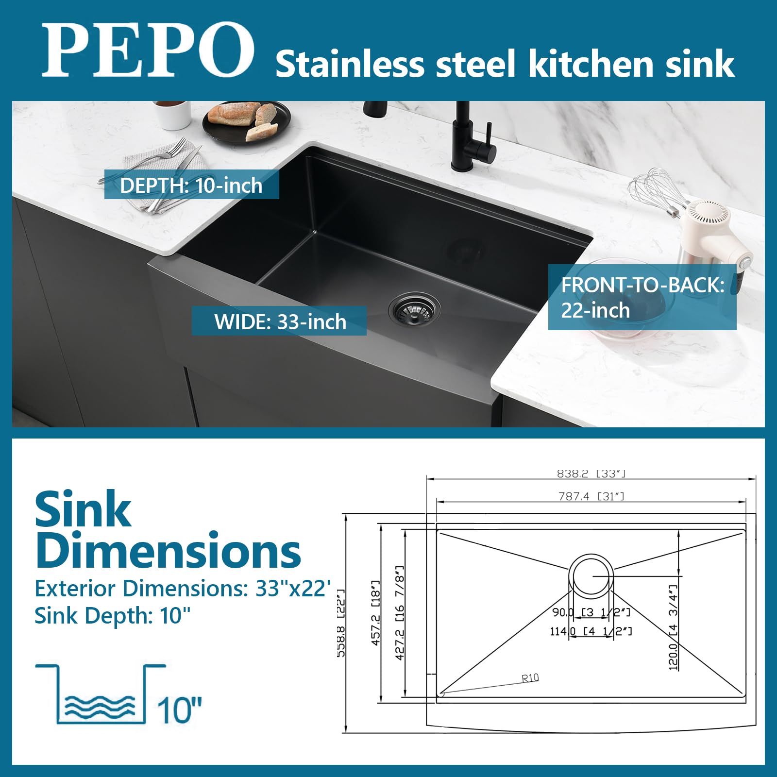 PEPO 33-Inch Gunmetal Black Farmhouse Undermount Kitchen Sink - 16 Gauge Stainless Steel Single Bowl with Accessories Kit - Perfect for Modern Farmhouse Kitchens & Restaurant Prep Stations