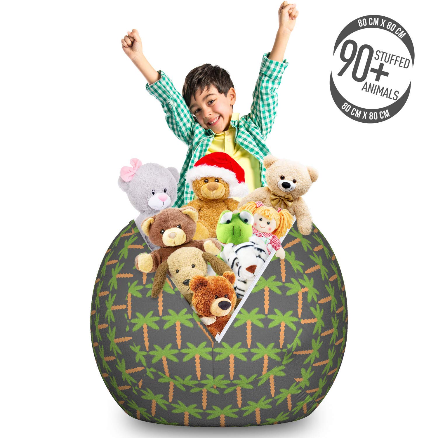 Ambesonne Exotic Storage Toy Bag Chair - Tropical Palm Trees Hawaiian Nature Design, Large Washable Stuffed Animal Organizer in Grey Lime Green | Perfect for Kids' Room, Playroom & Dorm Organization