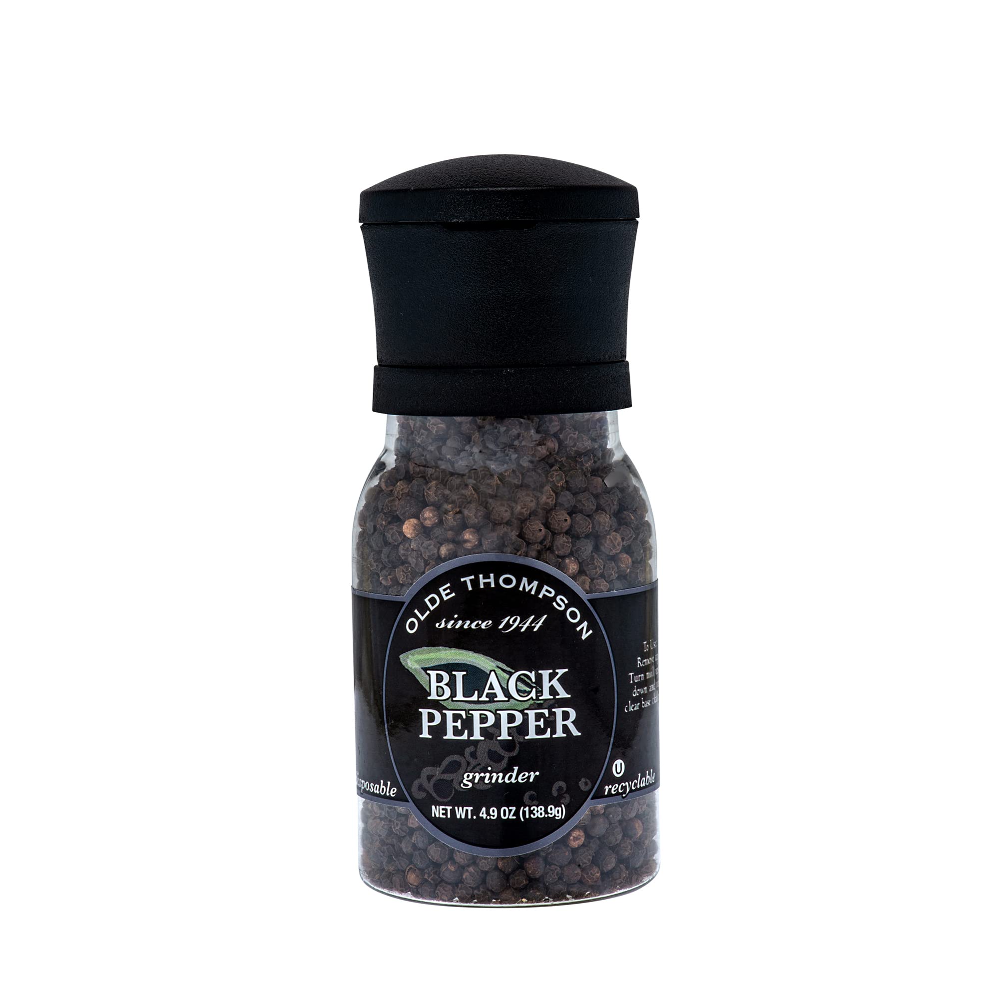 Olde Thompson Premium Black Pepper Grinder - 4.9 oz Refillable Glass Bottle with Adjustable Coarseness - Perfect for Kitchen, Dining Table & Gourmet Cooking