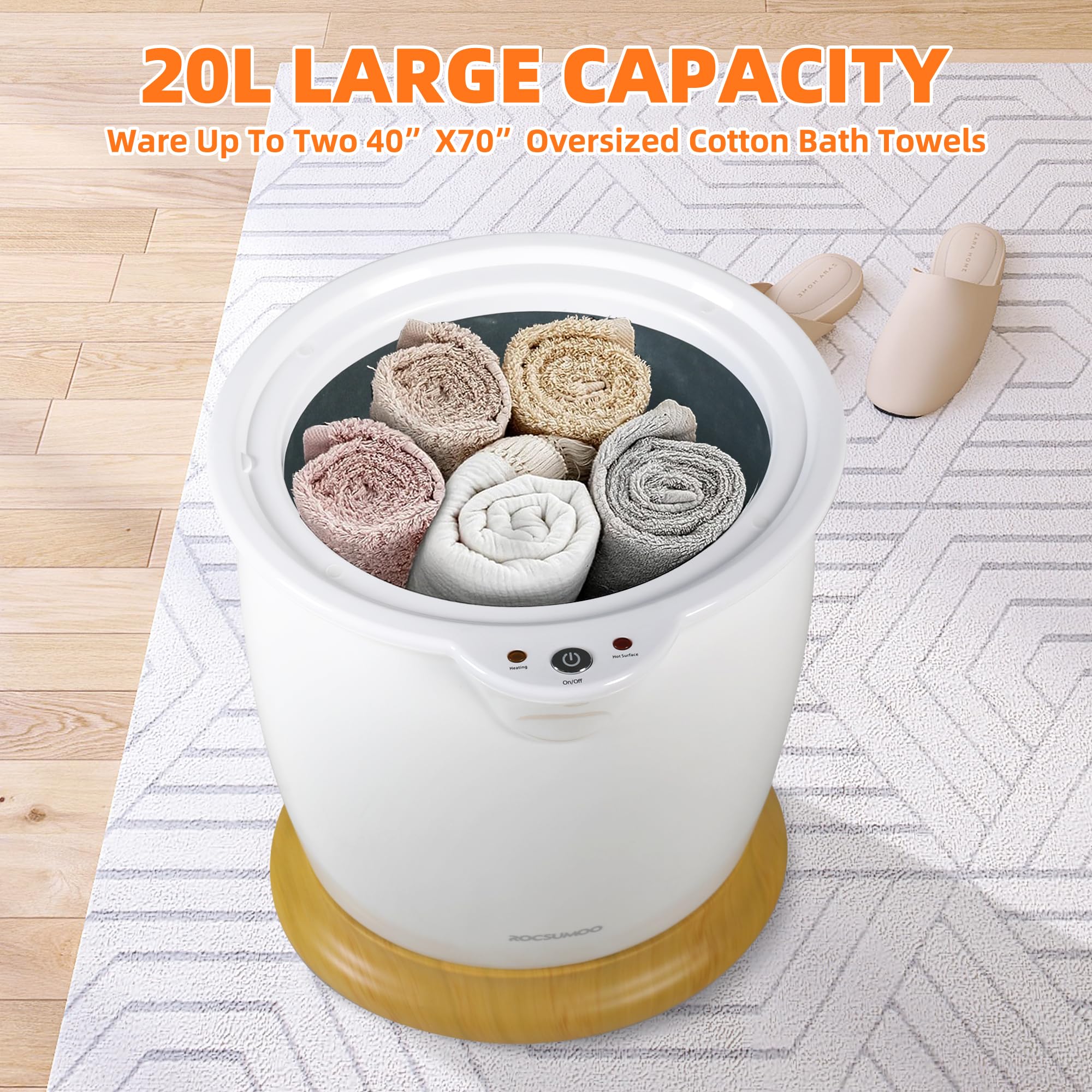 20L Heated Towel Warmer Bucket for Bathroom - 1H Continuous Heating with Fragrance Holder & Removable Lid - Fits 2 Oversized 40