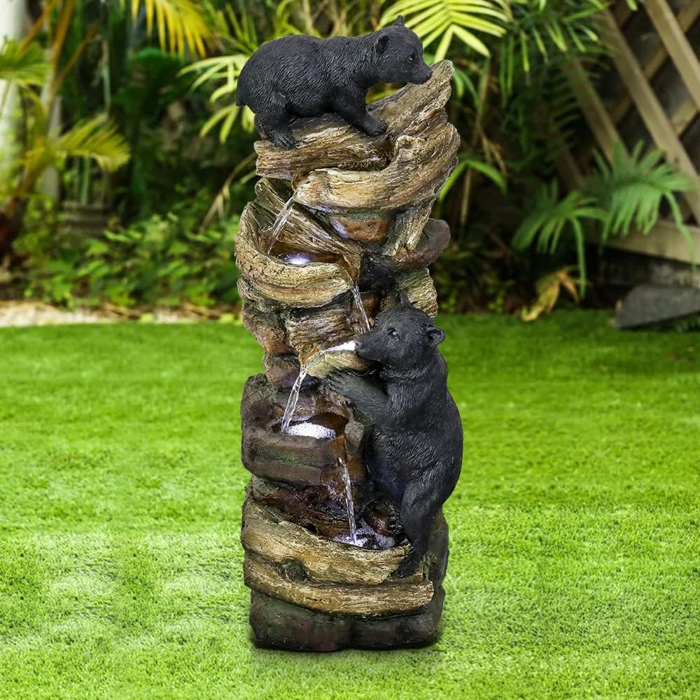 39.3 Inch 5-Tier Outdoor Garden Water Fountain with LED Lights - Bear Climbing Tree Resin Fountain for Patio, Deck, Yard - Perfect for Relaxation & Landscape Decoration (Brown)