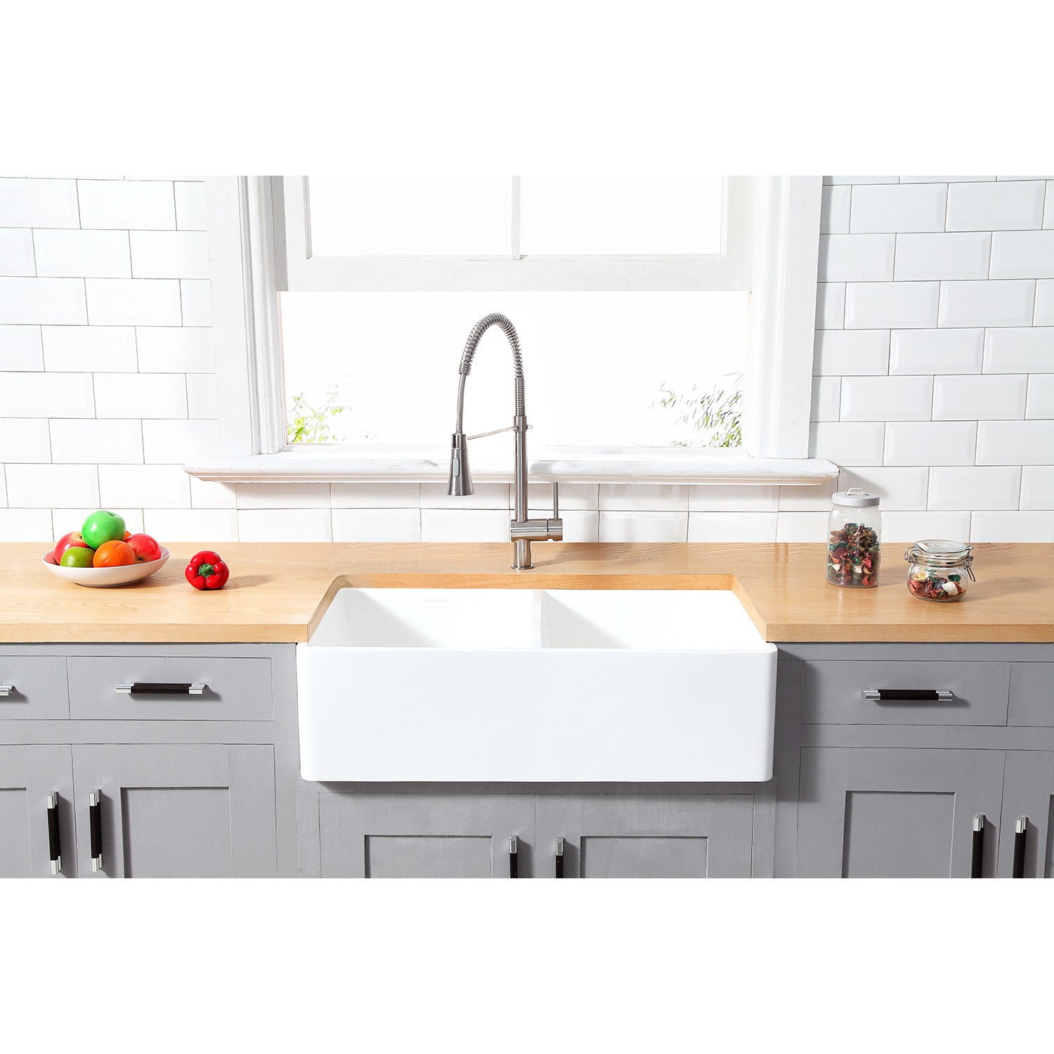 Arcticstone 33 Inch White Farmhouse Kitchen Sink - Double Bowl Matte White Solid Surface Apron Front Sink with 2 Strainers | Perfect for Modern Farmhouse, Rustic & Traditional Kitchen Designs