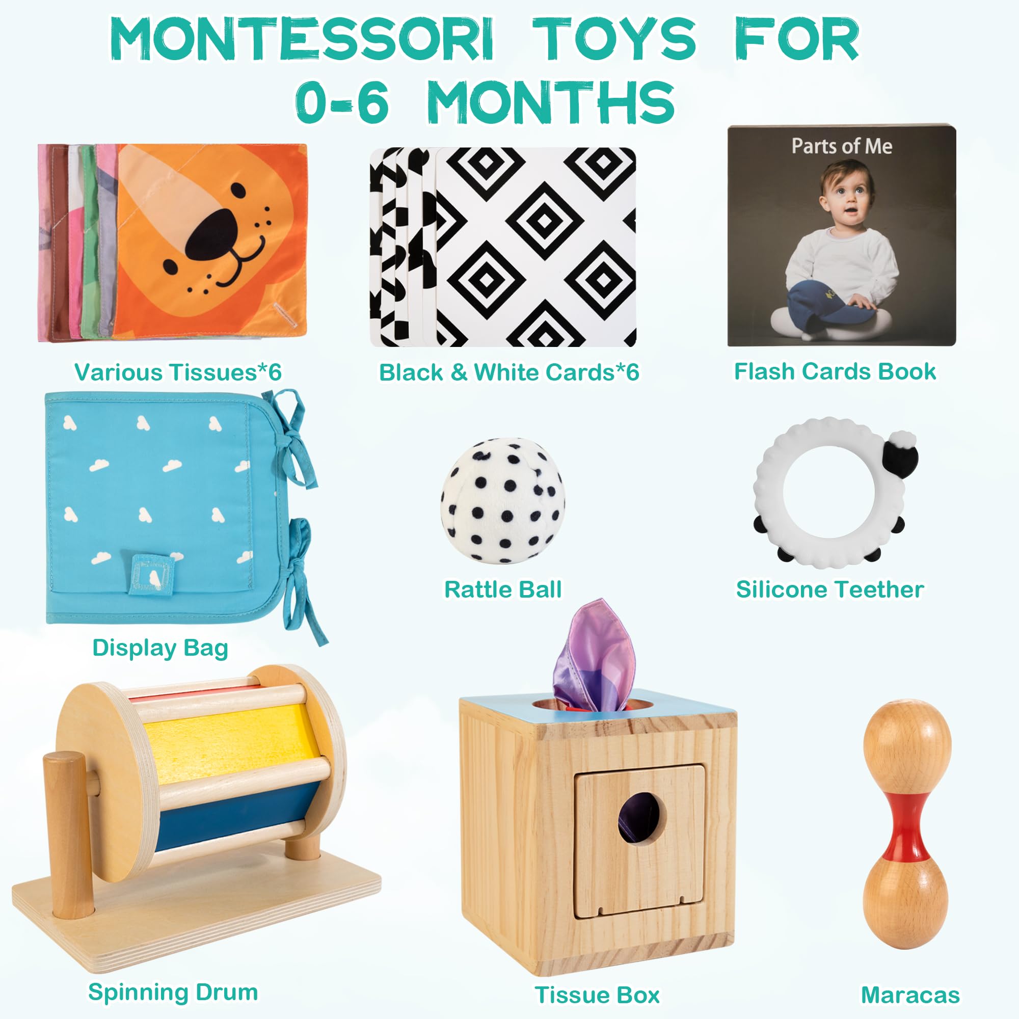 Montessori Toys for Babies 0-6 Months | 8-in-1 Educational Sensory Toy Set for Newborns 0-3-6 Months | Includes Tissue Box, High Contrast Toys, Spinning Drum, Teether | Perfect for Early Learning & Playtime at Home or On-the-Go