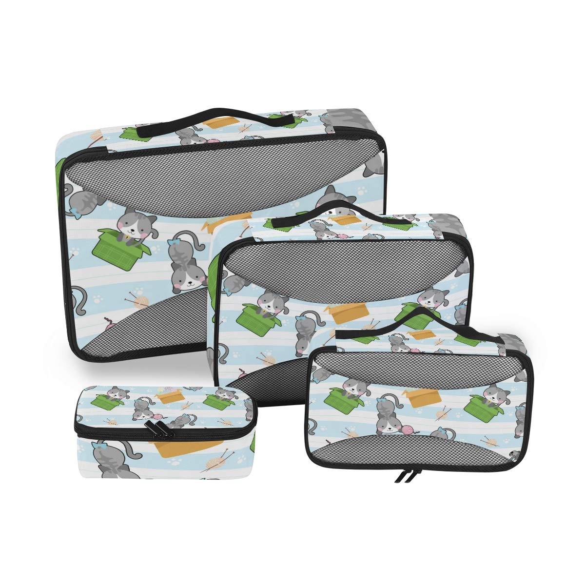 4-Piece Polka Dot & Stripe Cat-Themed Packing Cubes Set - Travel Luggage Organizer for Suitcases - Perfect for Weekend Trips & Business Travel Accessories