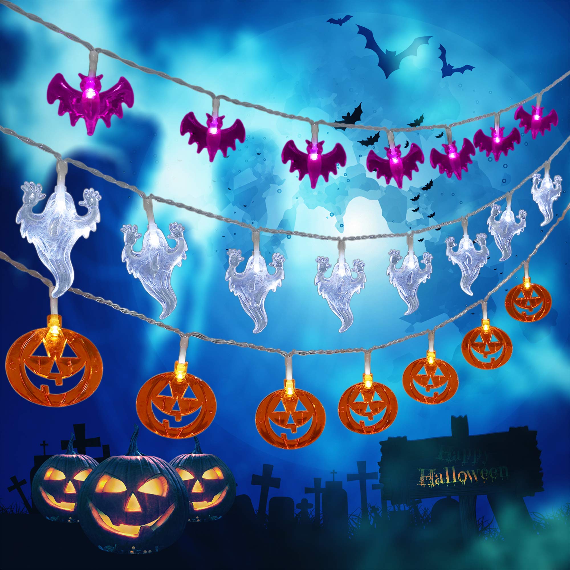 Halloween String Lights - Pumpkin, Bat & Ghost Decorations - 3x20 LED Lights - 10ft Battery Operated for Indoor & Outdoor Use - Perfect for Party, Yard & Home Decor