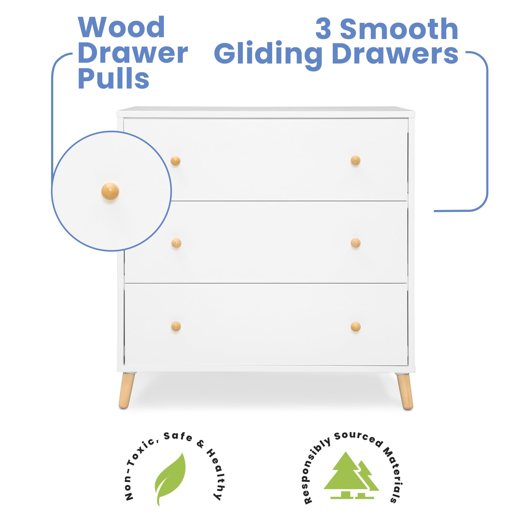 Delta Children Essex 3-Drawer Dresser with Interlocking Drawers, Bianca White/Natural - Sturdy Nursery Dresser for Baby Clothes & Essentials, Perfect for Kids' Bedroom Organization