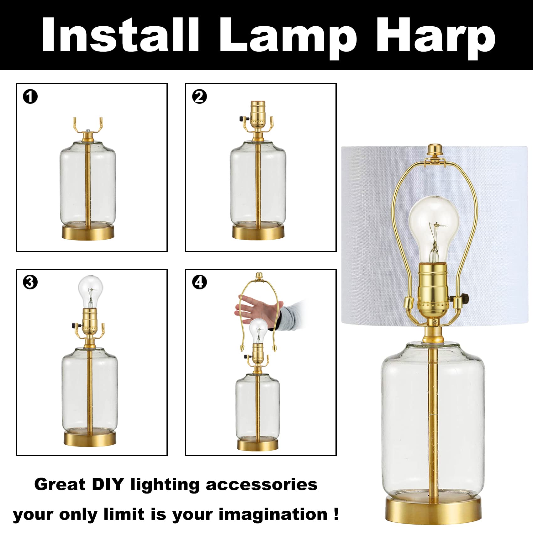 7 Inch Detachable Lamp Shade Harp Holder - Heavy Duty 2-Pack Set with 3/8 Standard Saddle & Finial - Polished Brass for Table & Floor Lamps - Perfect for Living Room, Bedroom, Office Lighting Decor