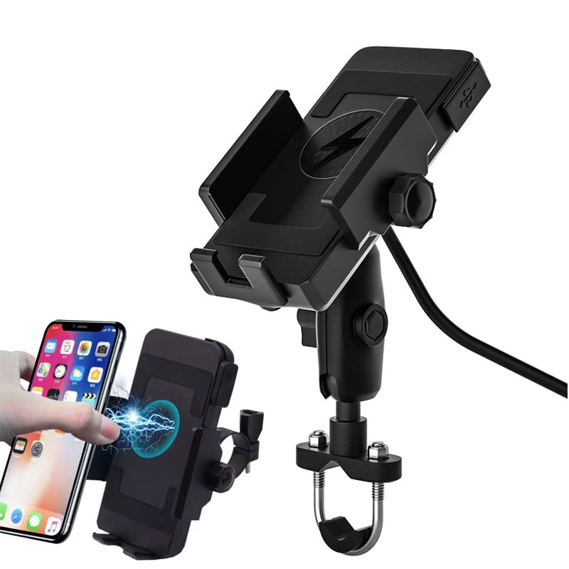 MIAOLLUN 10W Qi Wireless & USB Fast Charger Motorcycle Handlebar Phone Mount Holder - Universal Bike Accessory for iPhone, Samsung, Android (4.5