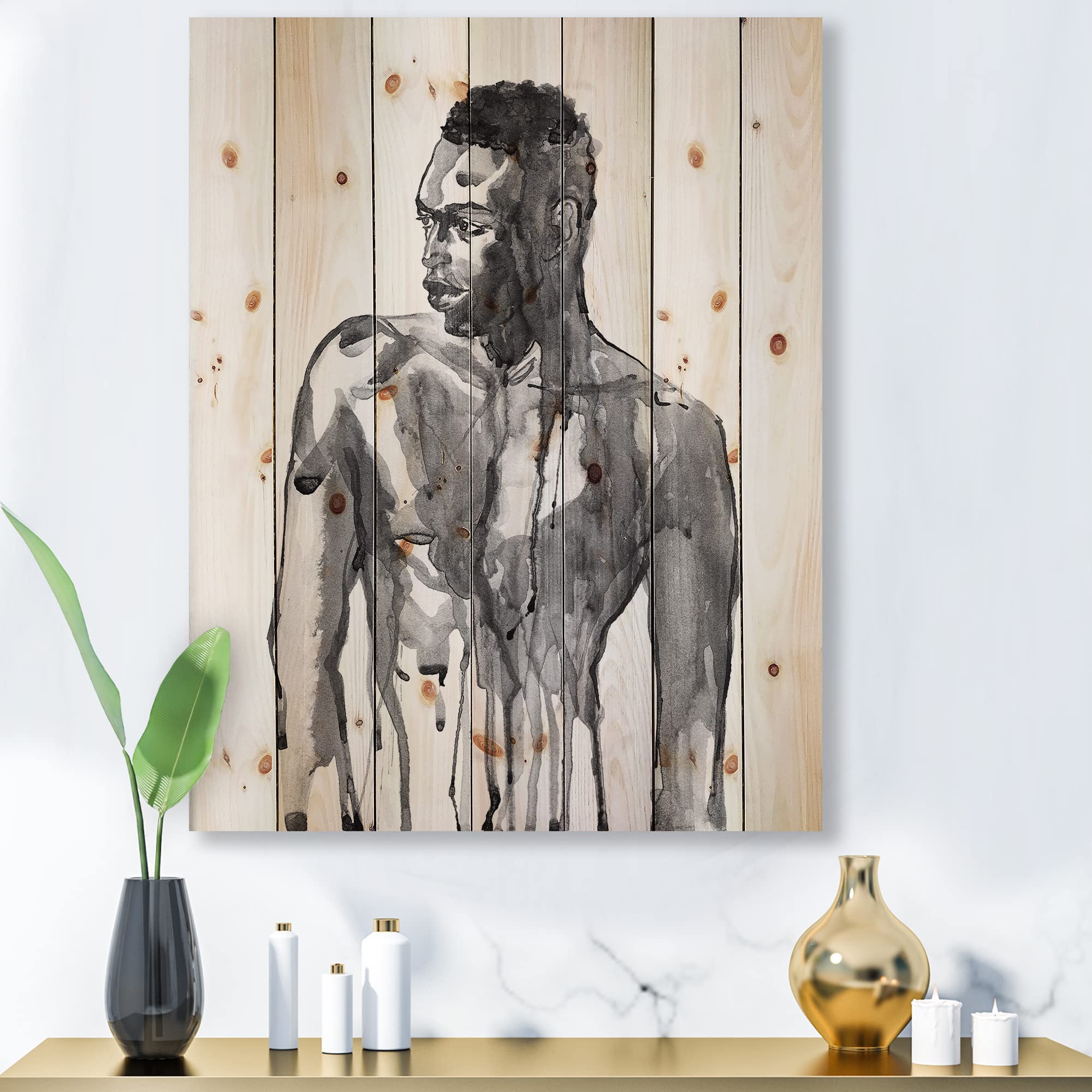 African Man Portrait Wood Wall Art - Modern Black Pine Decor for Living Room