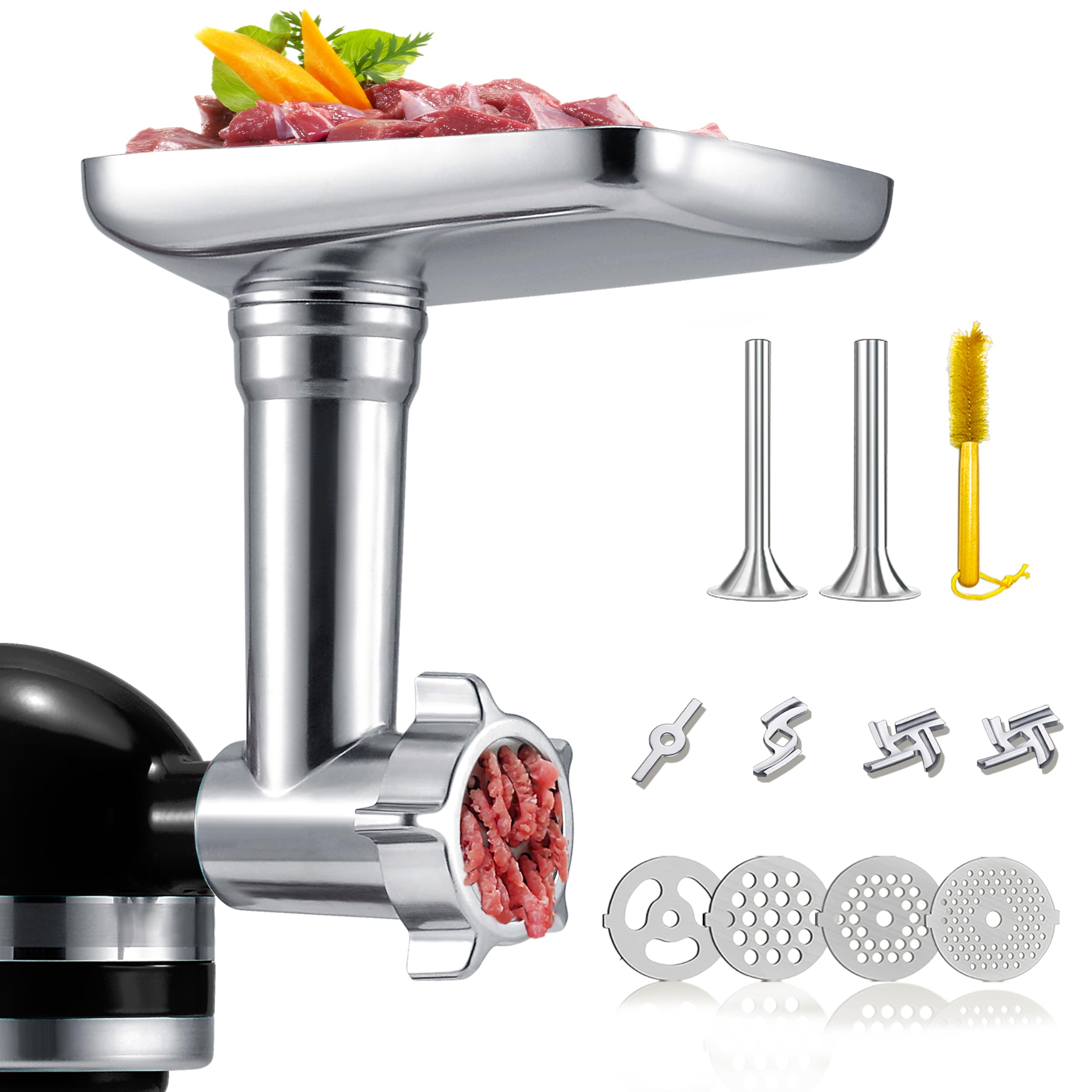 KitchenAid Stand Mixer Metal Grinder Attachment - Meat Grinder, Sausage Stuffer & Food Processor for KitchenAid Mixers (Silver, Mixer Not Included) - Perfect for Homemade Sausages, Burgers & Fresh Ground Meat