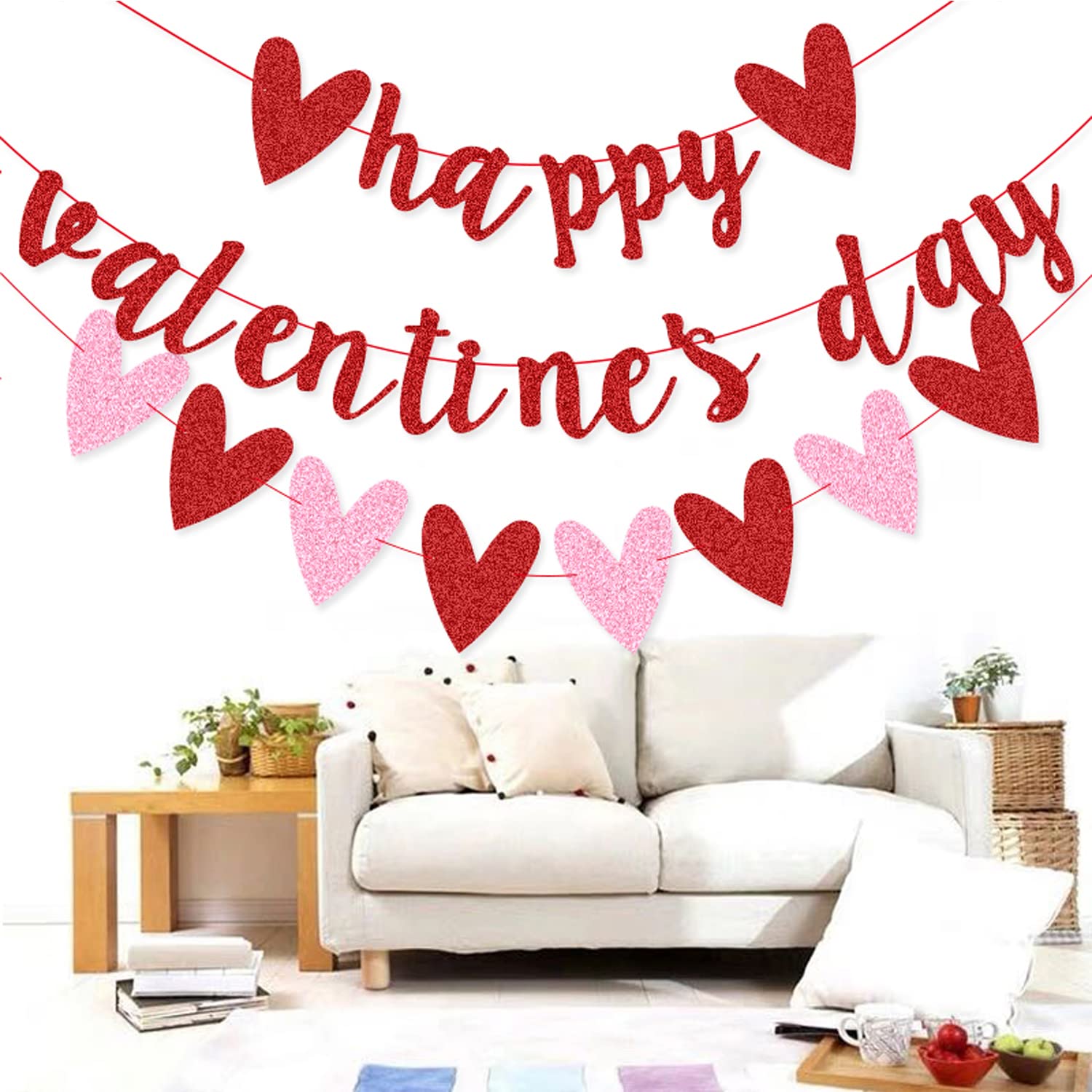 XIANMU 10ft Red Glitter Valentine's Day Banner & Pink Heart Garland - Reusable Party Decor for Valentine's, Weddings, Anniversaries & Romantic Home Decor