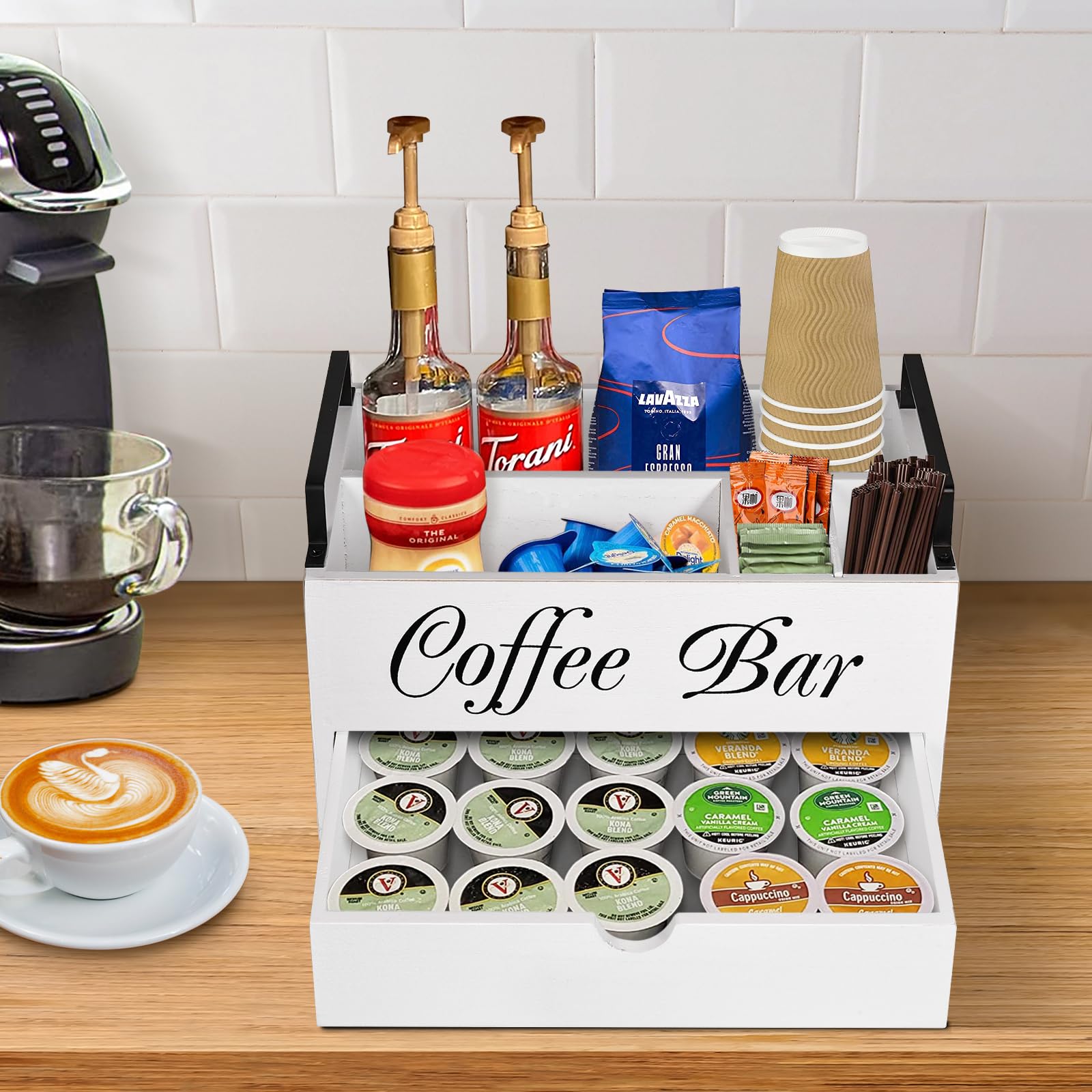 Wooden Coffee Bar Organizer with Handle & Drawer - K-Cup Storage Basket, Coffee Pod Holder & Condiment Organizer - Farmhouse-Style Countertop Coffee Station for Home, Office & Kitchen Decor