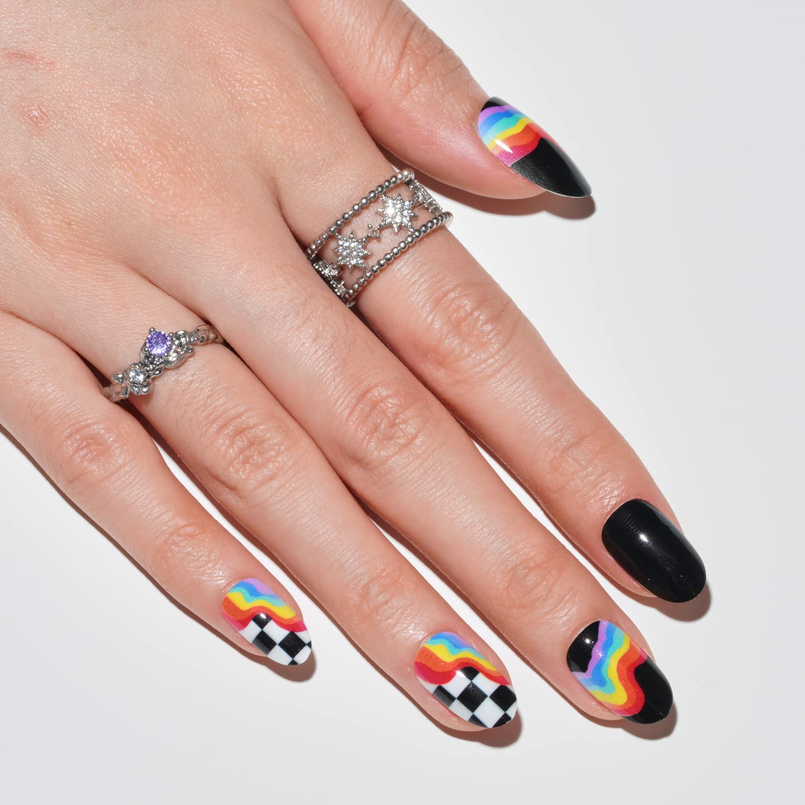 GLAMERMAID Medium Oval Press on Nails - Handmade Gel Fake Nails with Checkerboard Design, Short Oval Acrylic Nail Kit - Reusable Full Cover Stick on Nails for Women | Perfect for Parties, Weddings & Everyday Wear