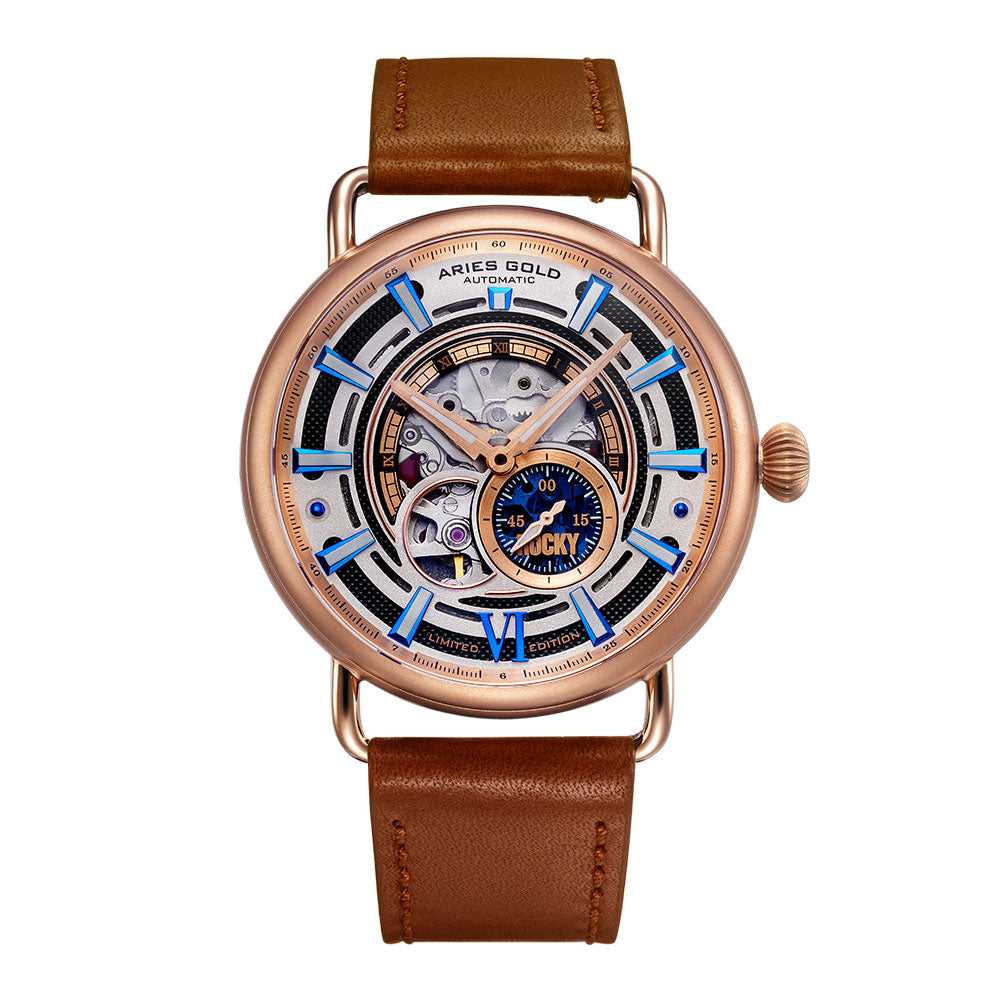 **Aries Gold Automatic Rocky Limited Edition Invincible Rose Gold Stainless Steel Watch G 9013 RG with Leather Strap for Men – Perfect for Formal Events & Luxury Gifts**