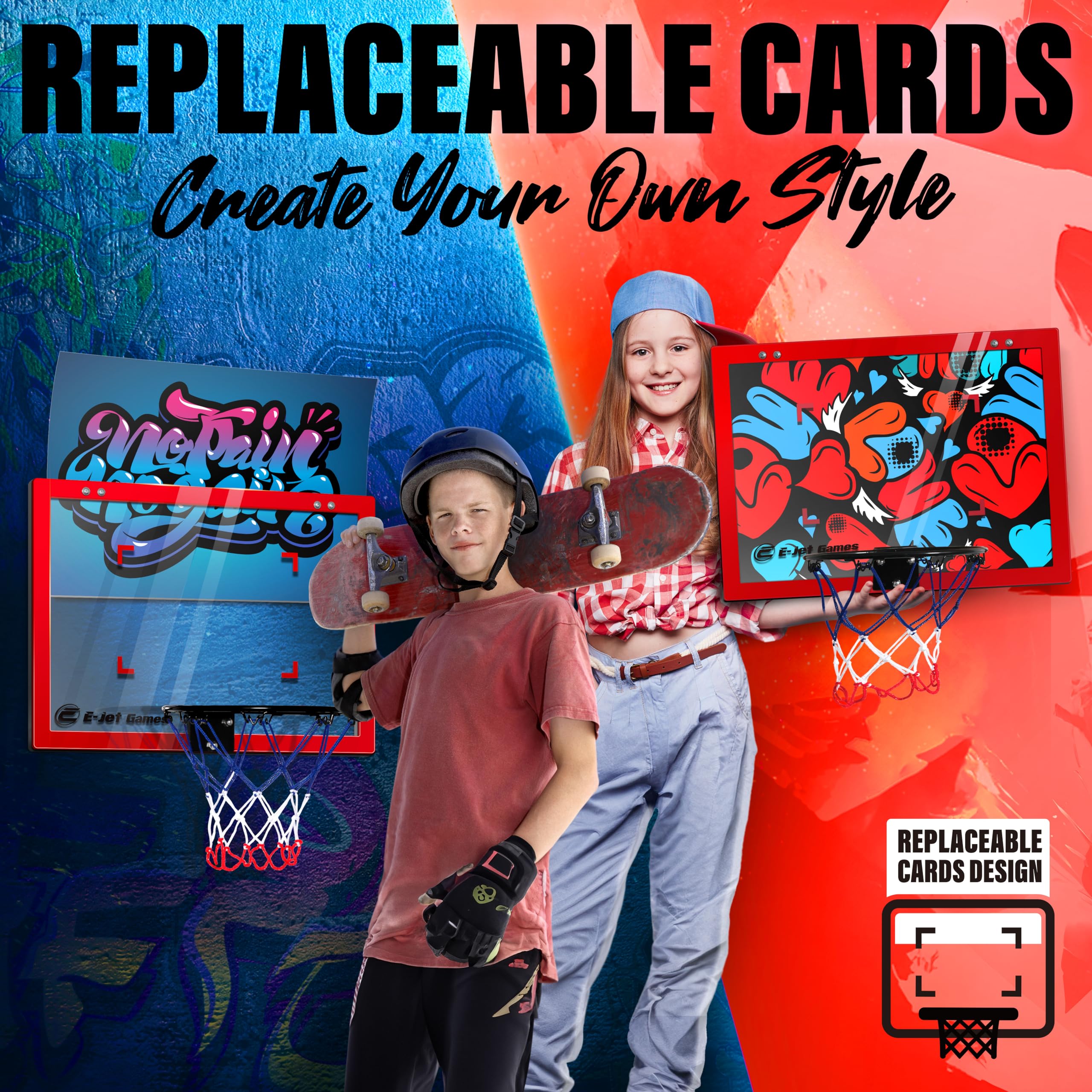 Mini Basketball Hoop with Replaceable Backboard Cards - Over The Door & Wall Mounted Indoor Basketball Game for Kids & Adults - Perfect for Bedroom, Office & Playroom Fun
