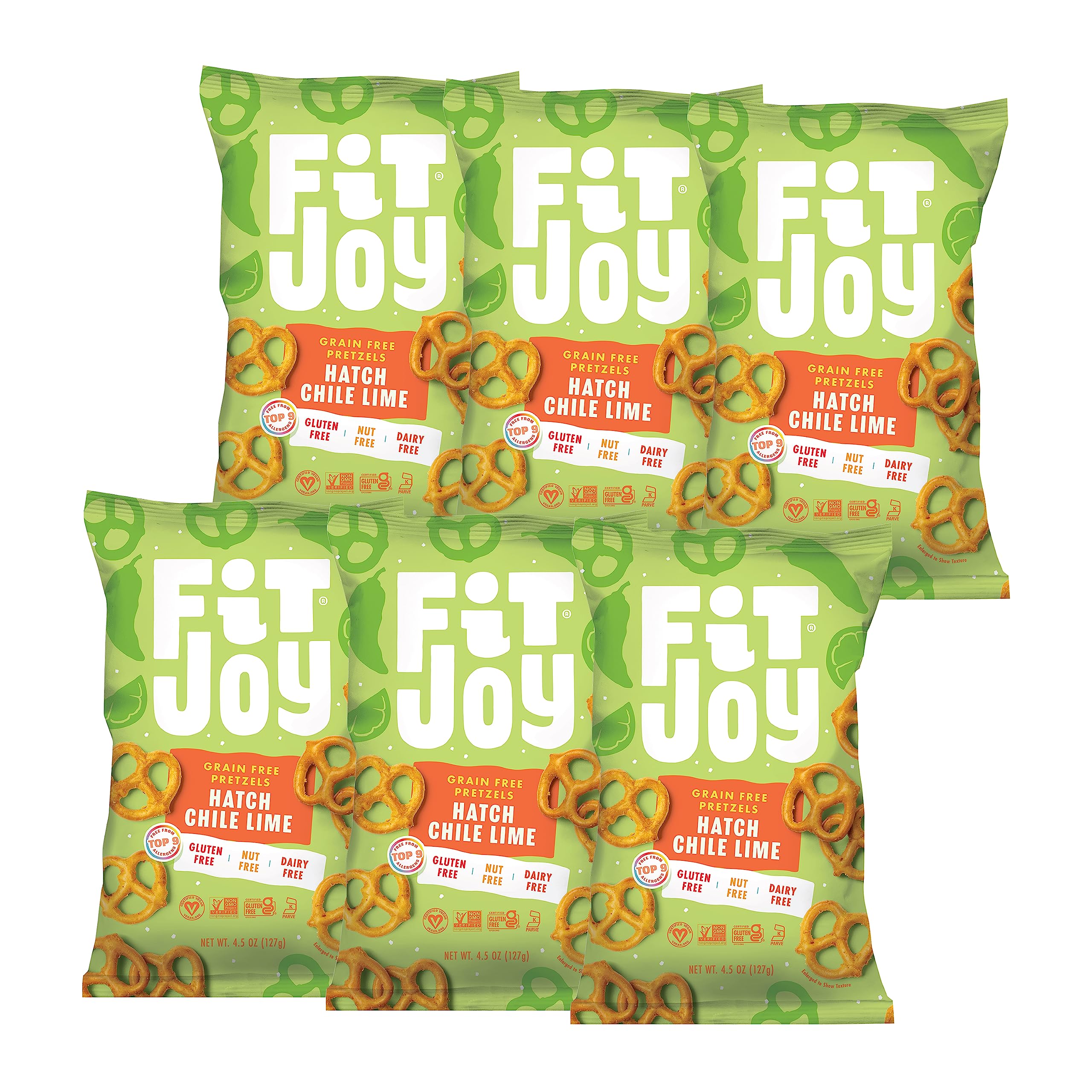 FitJoy Gluten Free Pretzels - Hatch Chile Lime Twists | Grain Free, Non-GMO, Vegan Certified Snacks | Made in USA, Nut Free, Crispy Crunchy Texture | Perfect for Keto Diet, Healthy On-the-Go Snacking & Party Favors (4.5 Oz, 6 Pack)