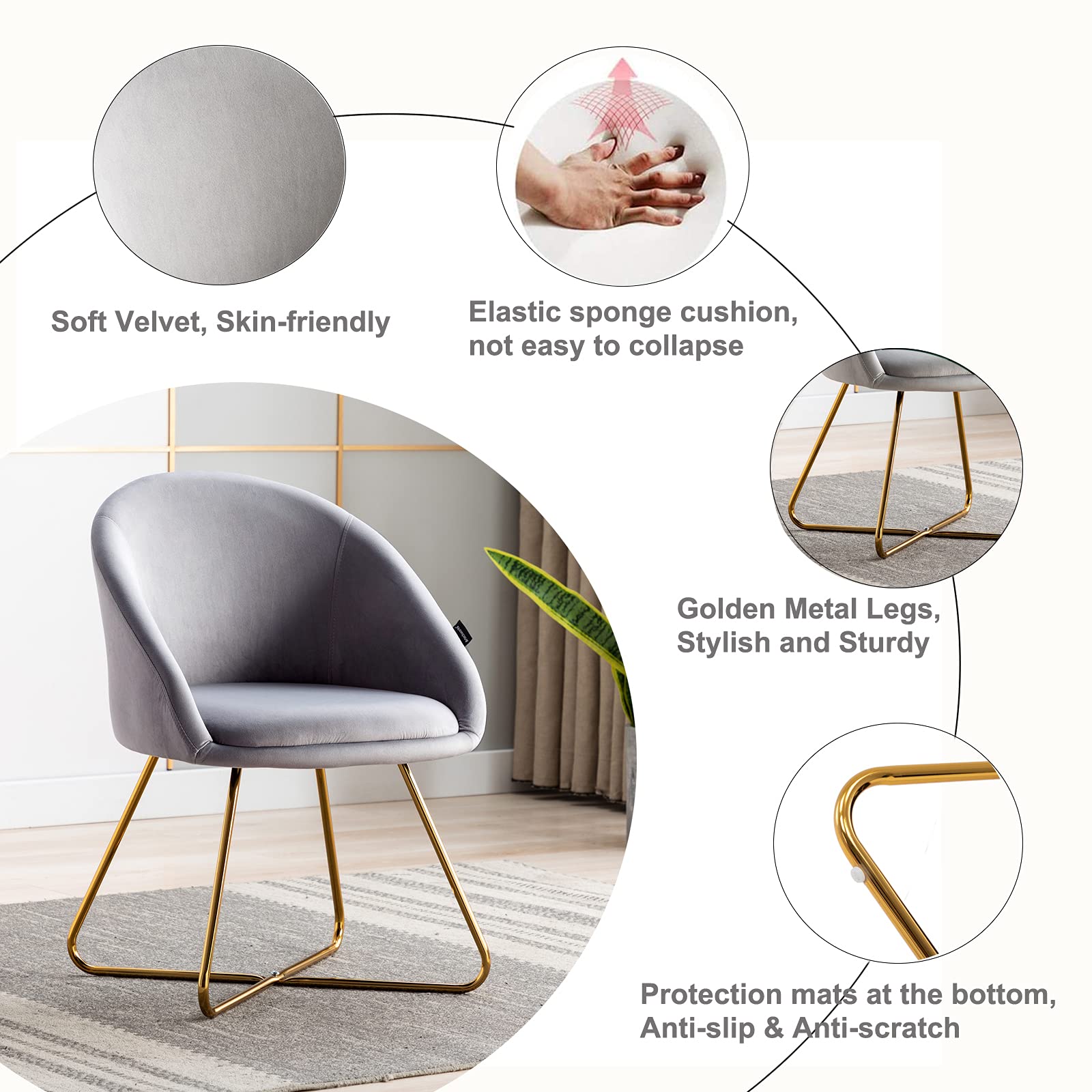 Artechworks Modern Velvet Dining Chairs Set of 2 - Luxury Accent Armchairs with Golden Metal Legs for Living Room, Bedroom, Dining Room & Office - Soft Grey Velvet Upholstered Lounge Chairs - Perfect for Home Decor, Hotel Reception & Coffee Shops