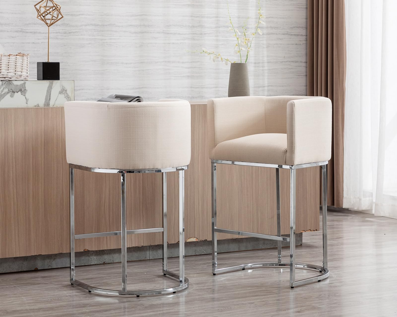 Modern Counter Height Linen Fabric Upholstered Kitchen Stools Set of 4 - 29 Inch Cream Counter Stools with Chrome Metal Frame for Kitchen Island, Breakfast Bar & Dining Room