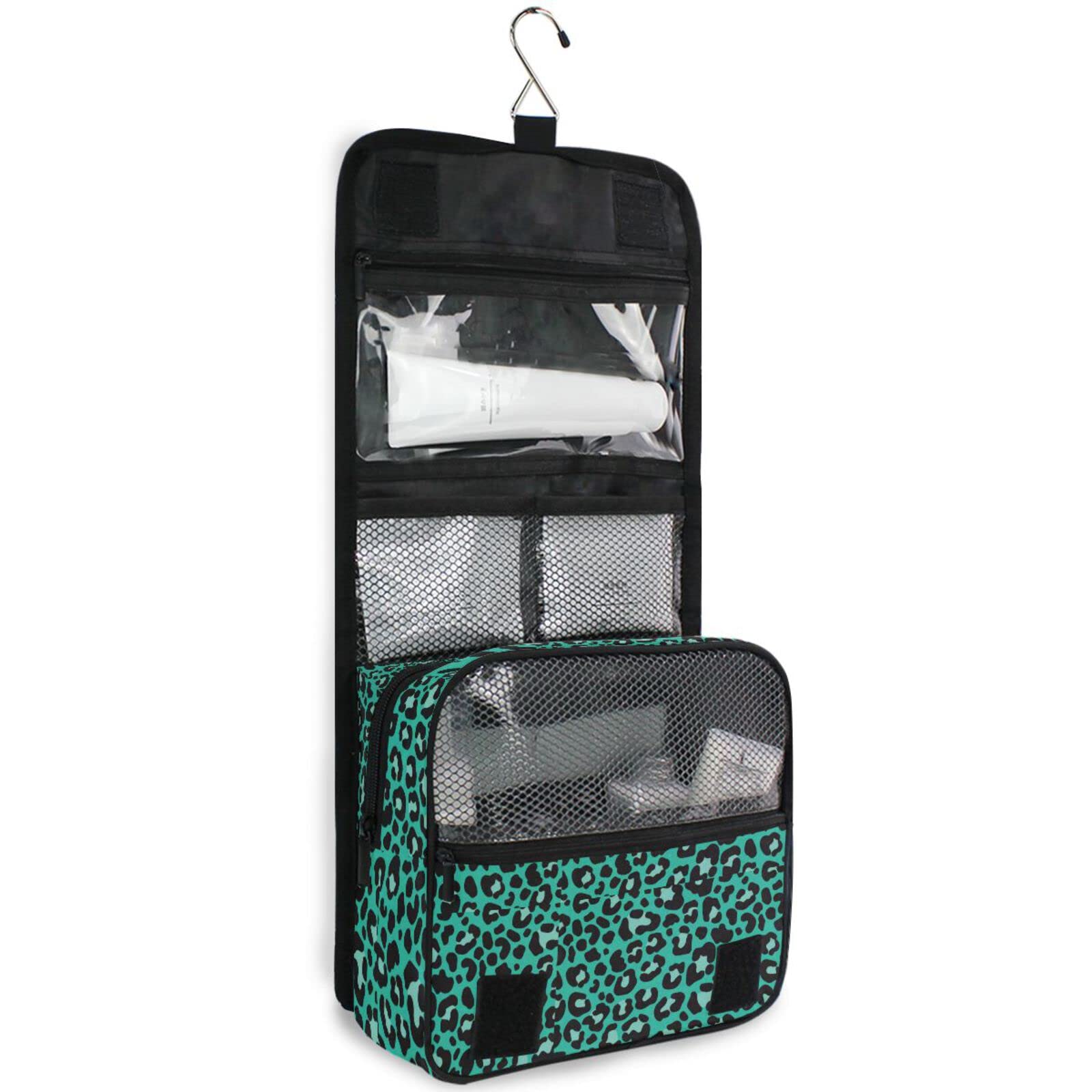Moyyo Green Leopard Print Hanging Travel Toiletry Bag - Waterproof Cosmetic Makeup Organizer for Women & Men - Portable Wash Bag for Gym, Camping, Business Trips & Vacation Essentials