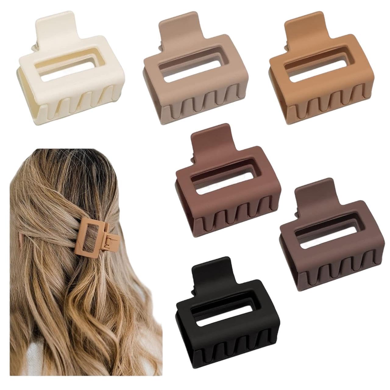 Bakefy 6 Pack Small Square Claw Hair Clips for Women & Girls - 2.2 Inch Matte Banana Jaw Clips for Thin to Medium Hair - Multicolor Hair Accessories for Half-Up Styles, Ponytails & Everyday Use