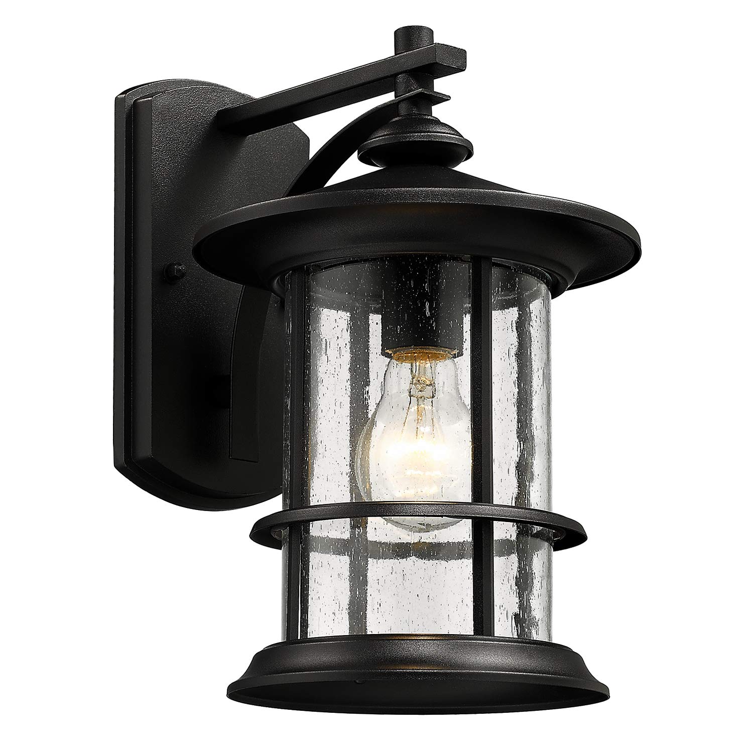Textured Black Outdoor Wall Sconce Light with Clear Seedy Glass - 12.5 Inch Large Exterior Lighting Fixture for House, Front Porch, Patio, Backyard - Perfect for Ambient Lighting and Enhancing Curb Appeal