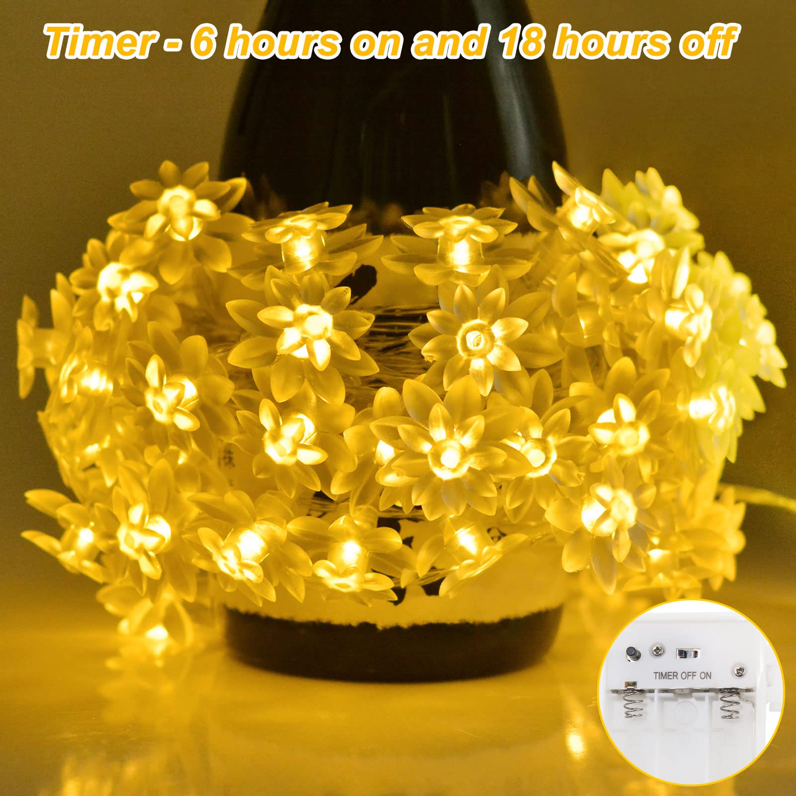 Echosari 13.2ft 40 LED Battery Operated Lotus Flower String Lights with Timer - Warm White Fairy Lights for Kids Bedroom, Garden, Wedding, Party & Outdoor Decor