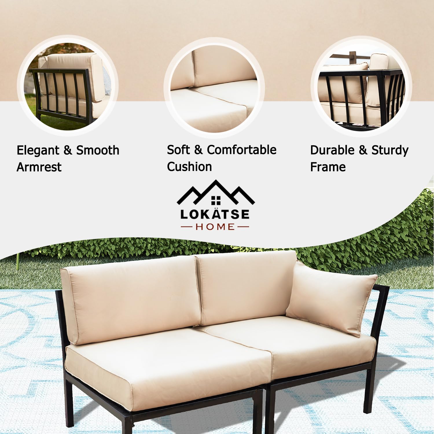 LOKATSE HOME 2-Piece Outdoor Patio Furniture Set - Corner Sofa & Armless Chair Conversation Set in Khaki | Perfect for Backyard, Garden, Poolside & Patio Relaxation