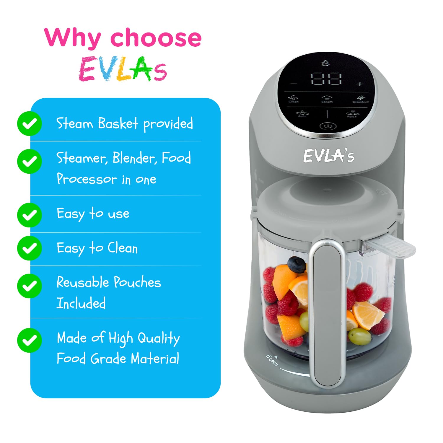 EVLA'S Baby Food Maker & Steamer Blender - 6-in-1 Baby Food Processor for Healthy Homemade Purees in Minutes | Touch Screen Control with 6 Reusable Food Pouches | Perfect Baby Shower Gift & Registry Essential (Grey) | Ideal for Making Organic Baby Food at Home, Travel & Daycare Meals