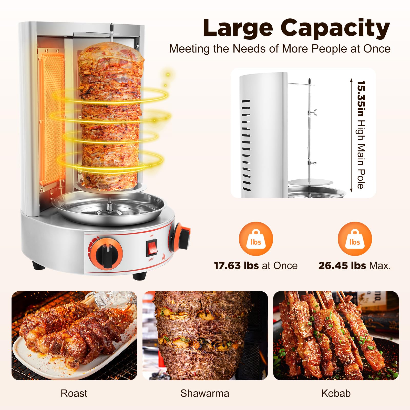 3KW Commercial Electric Vertical Broiler - Gas Doner Kebab Machine, Shawarma Rotisserie Grill with 2 Burners for Gyro, 3.28Ft Power Cord & 2.95Ft Gas Hose - Perfect for Restaurants, Food Trucks, and Catering Businesses
