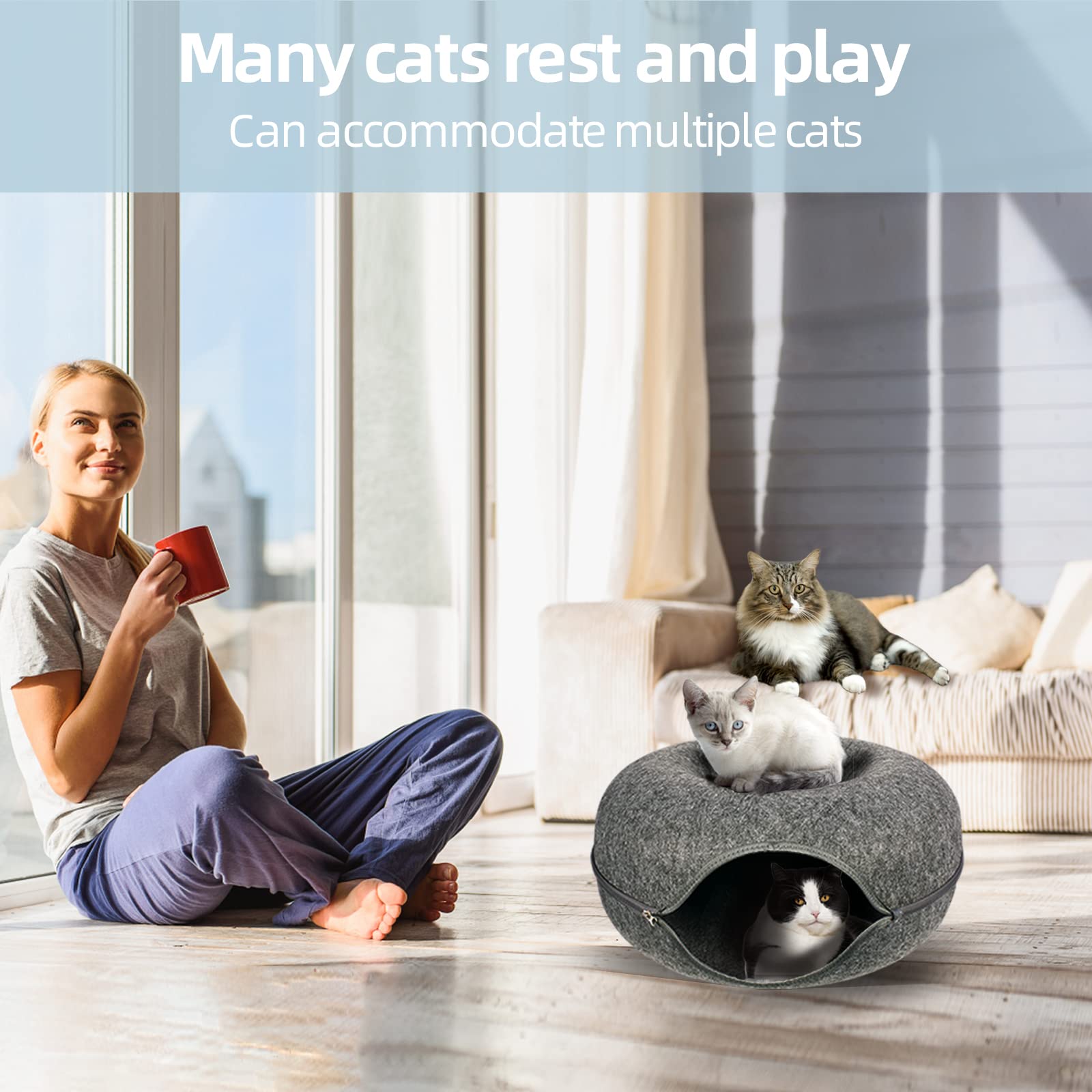 Cat Tunnel Bed for Indoor Cats - Large Peekaboo Cat Cave & Hideaway with Foldable Donut Design, Detachable Round Felt & Washable Interior (20x20x9 inches, Medium, Dark Gray) - Perfect for Playtime, Napping & Stress Relief