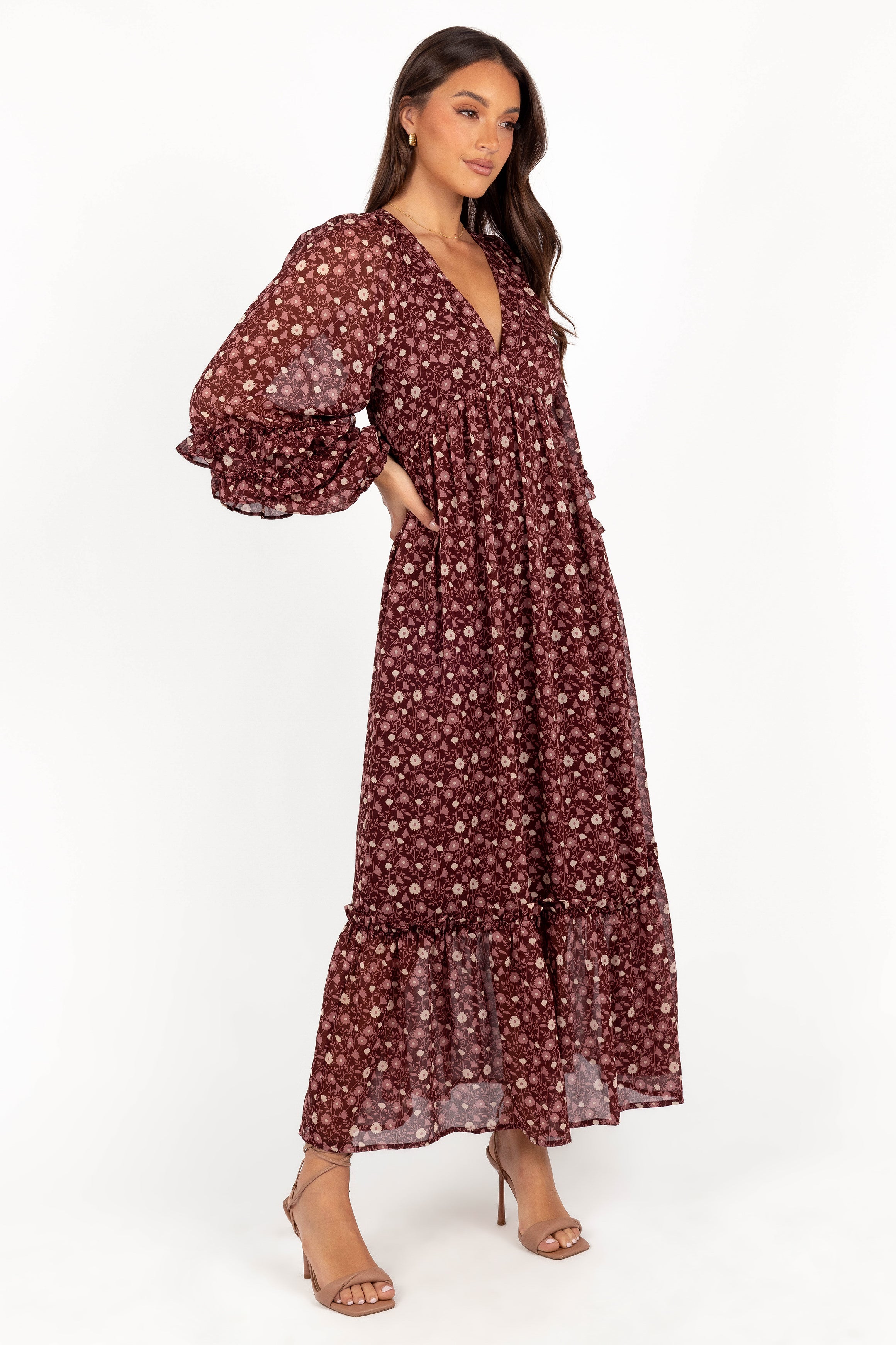 Evian Women's Long Sleeve Maxi Dress - Burgundy Multi Color Floral Print, Flowy Boho Style for Casual Wear, Parties & Special Occasions