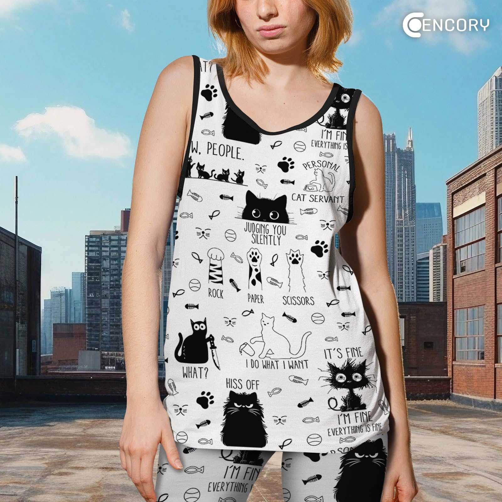 Women's 2-Piece Casual Workout Set - Cat Print Yoga Outfit with Tank Top & Leggings | Perfect for Gym, Yoga & Lounge Wear