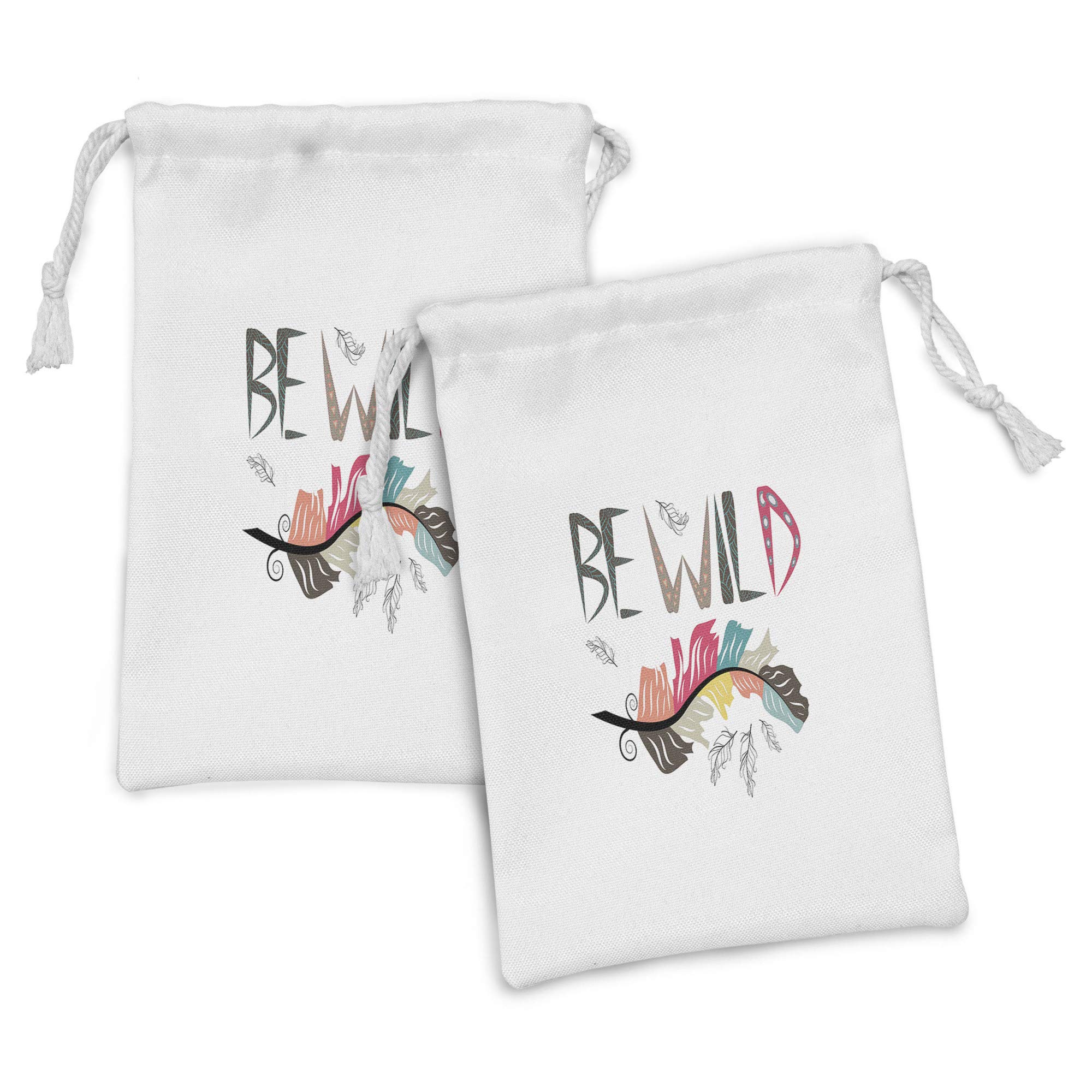 Ambesonne 2-Pack Fabric Drawstring Pouches - Colorful Feather & Tribal Calligraphy Design, 9