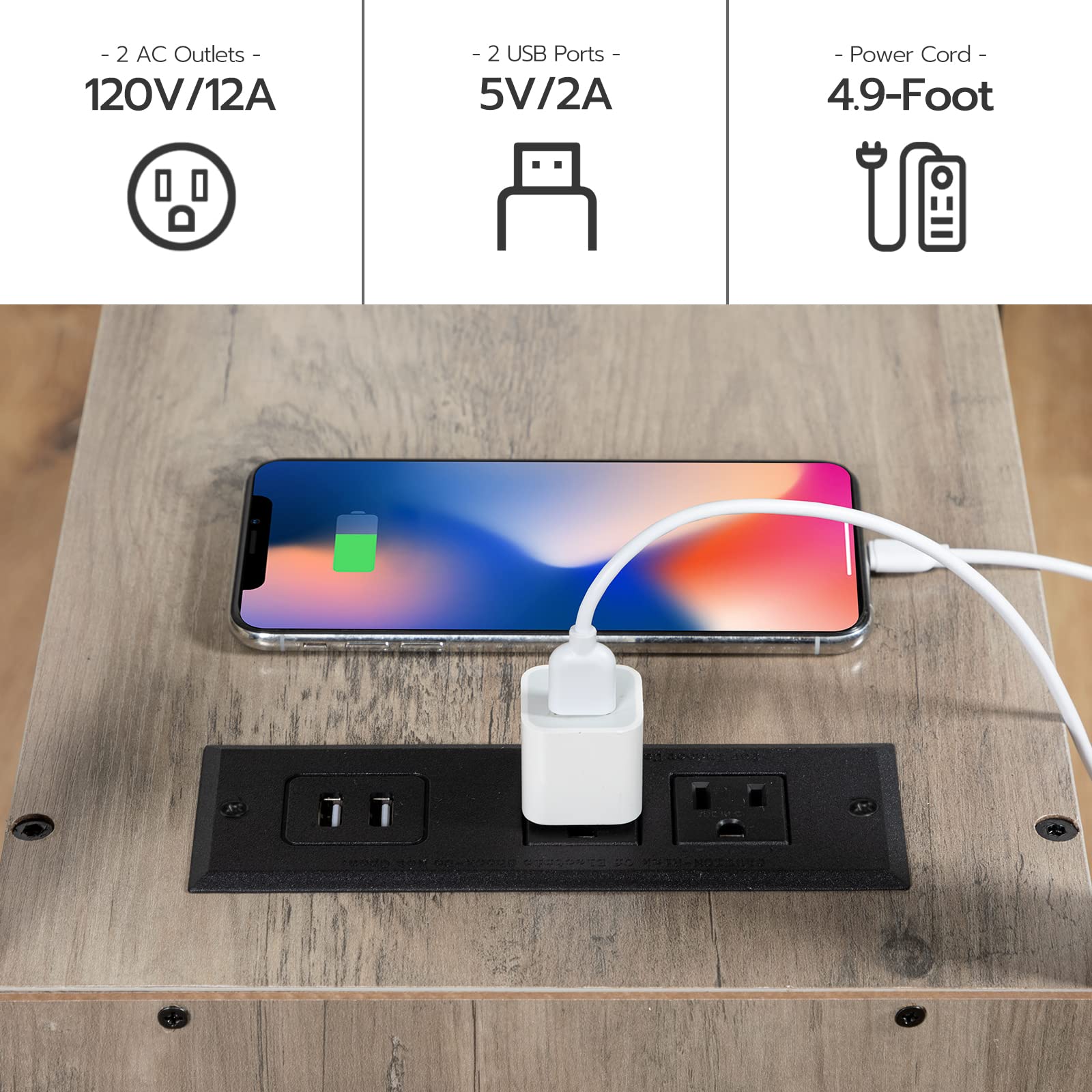HOOBRO Set of 2 Narrow End Tables with Charging Station, USB Ports & Power Outlets, Nightstand with Drawers for Small Spaces - Greige and Black BG541BZP201 | Perfect for Living Room, Bedroom & Office Use