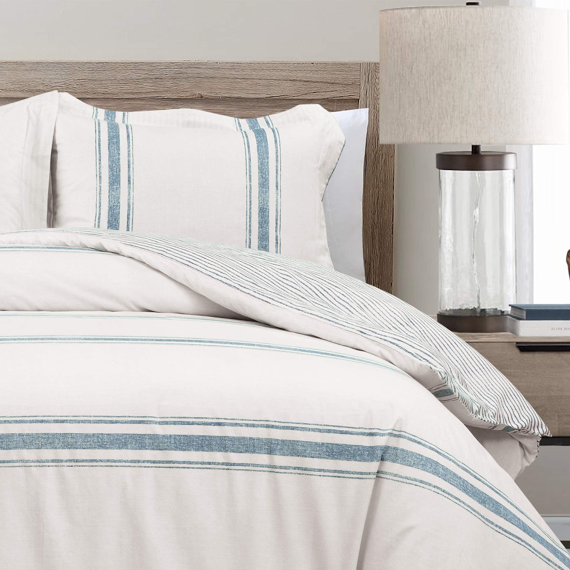 Lush Decor Farmhouse Stripe Comforter Set - Full/Queen Size Blue & White Cotton Bedding - Perfect for Rustic & Modern Bedroom Decor