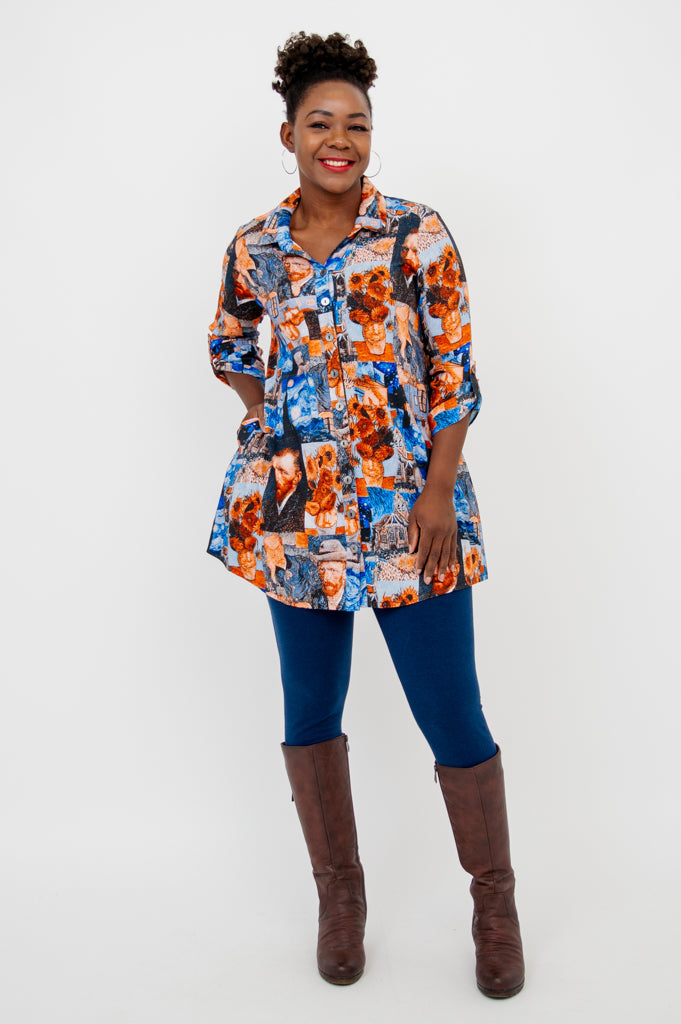 Celine Blouse - Van Gogh Inspired Linen Bamboo Shirt for Women | Elegant Summer Top for Casual Outings & Office Wear