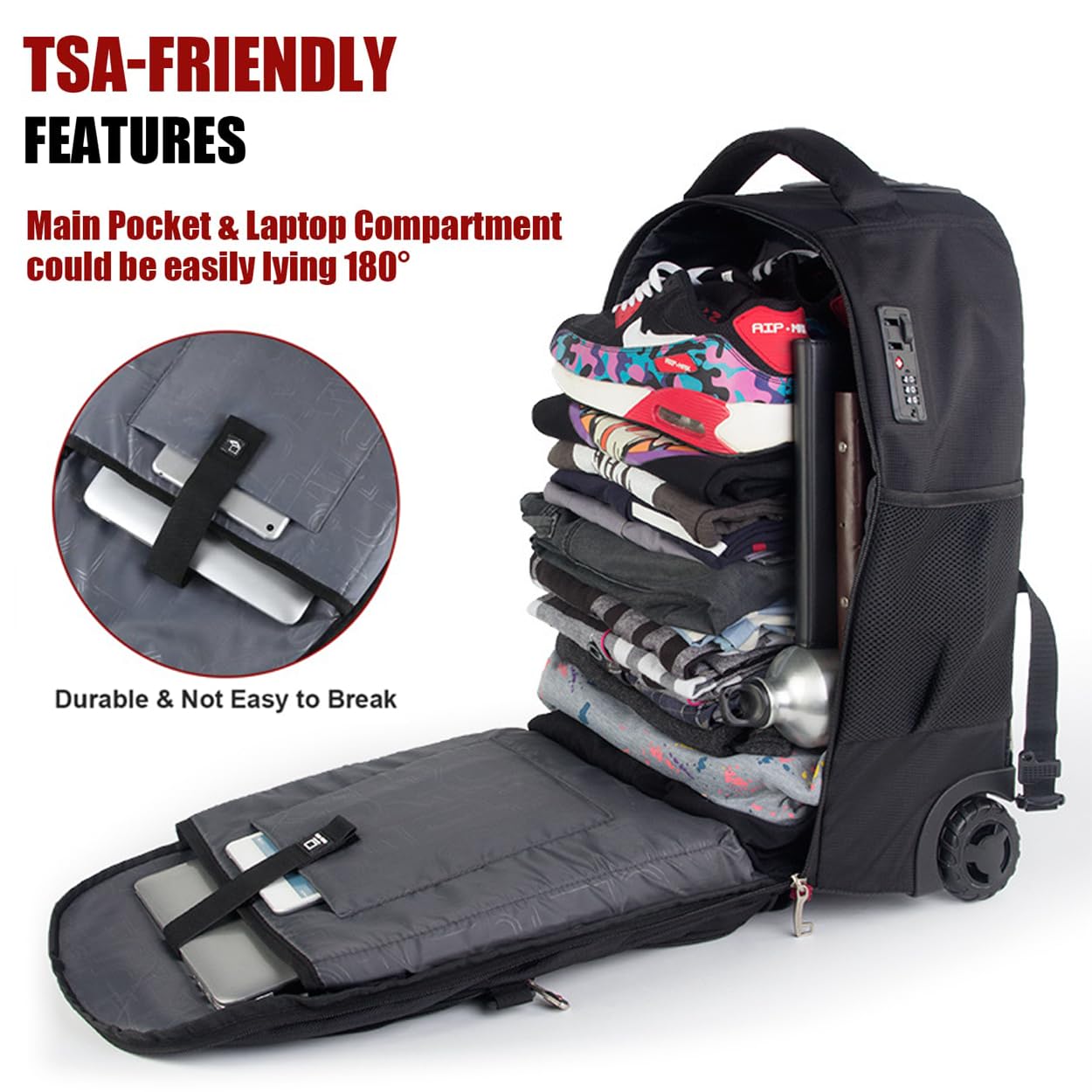 Extra Large Rolling Backpack with Wheels - Water-Resistant 55L Travel Backpack with 18