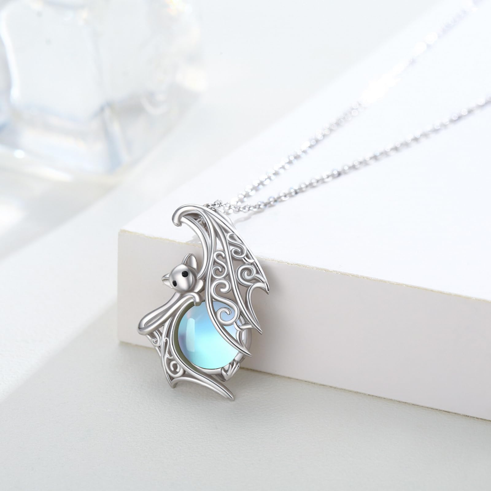 925 Sterling Silver Bat Necklace - Gothic Halloween Jewelry for Women & Girls, Celtic Bat Pendant with Moonstone & Crescent Moon Charm, Perfect for Halloween Costumes, Gothic Fashion & Witchy Aesthetic