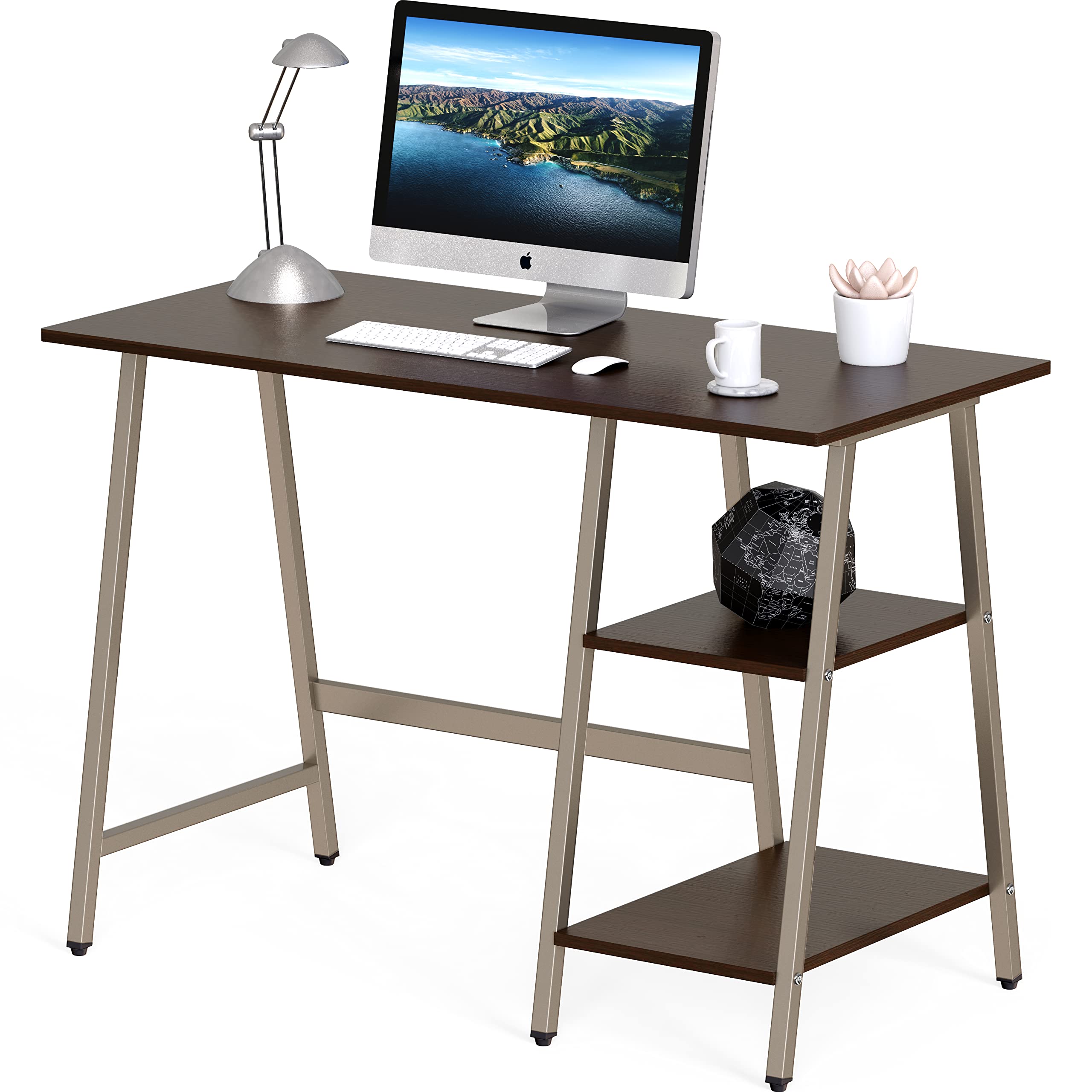 SHW Trestle Home Office Computer Desk - Espresso Brown Wooden Writing Table for Small Spaces, Study & Work from Home | Sturdy & Modern Design for Office, Bedroom or Dorm Room