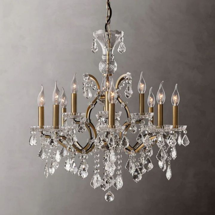 19th Century Rococo Style Iron and Crystal Round Chandelier - 28 Inch Antique Lighting Fixture for Dining Room, Ballroom or Vintage Home Decor