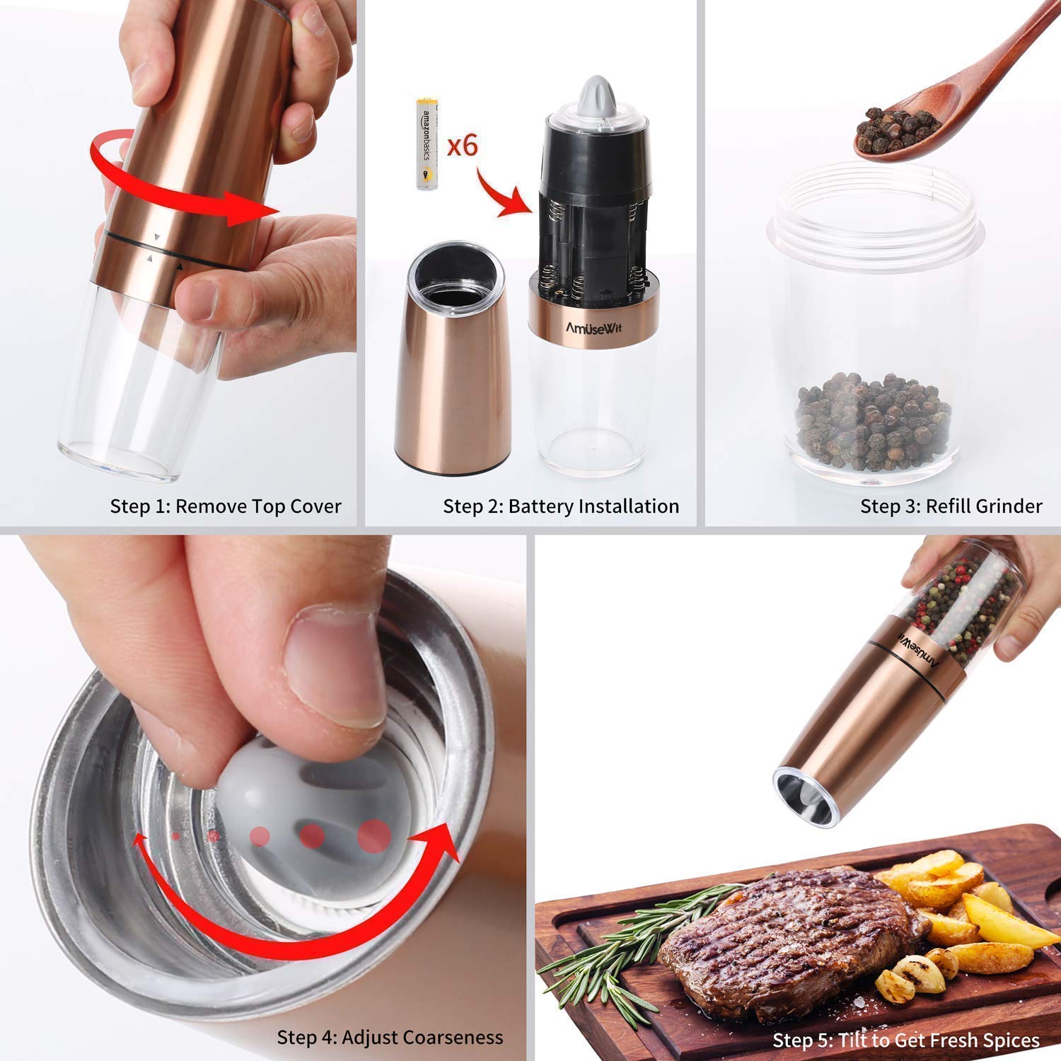 AmuseWit 3-Piece Electric Gravity Salt and Pepper Grinder Set - Battery Operated Automatic Mill with Adjustable Coarseness, One-Hand Operation & LED Light - Perfect for Kitchen, Dining Table & Outdoor Cooking (Black)