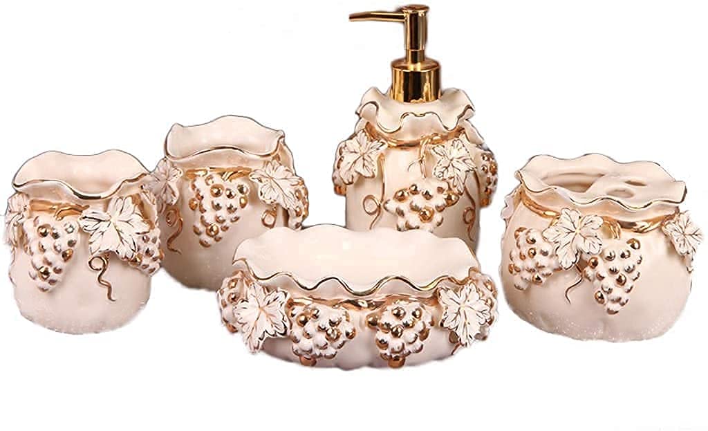 AWJ European Style Carved Ceramic 5-Piece Bathroom Set - Toothbrush Holder, Toothbrush Cup, Soap Dispenser & Soap Dish | Elegant Bathroom Organization | Perfect for Modern, Farmhouse & Vintage Style Bathrooms