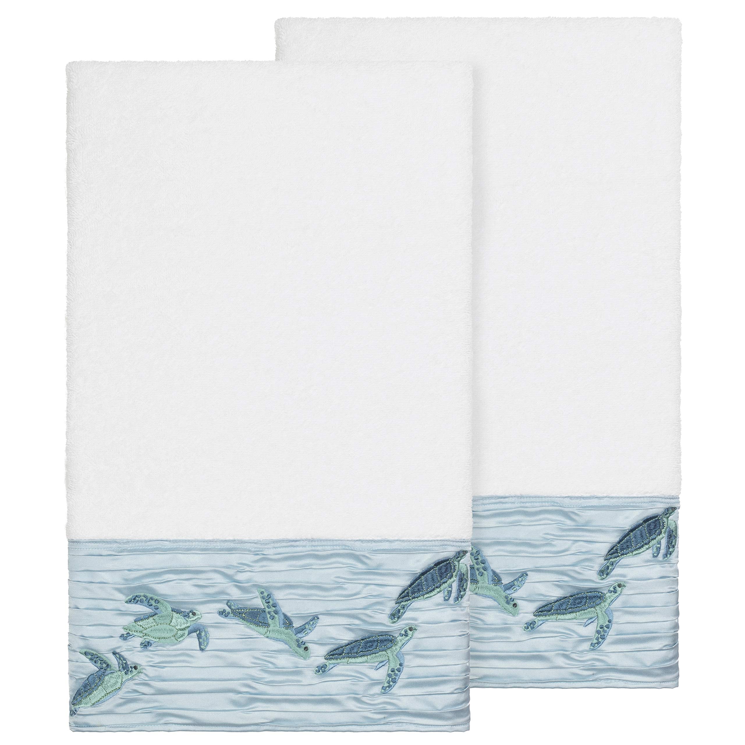 Premium Turkish Cotton Bath Towel Set - 2-Piece Embroidered White & Blue Turtles Design - Soft, Absorbent Towels for Spa, Bathroom, and Beach Use
