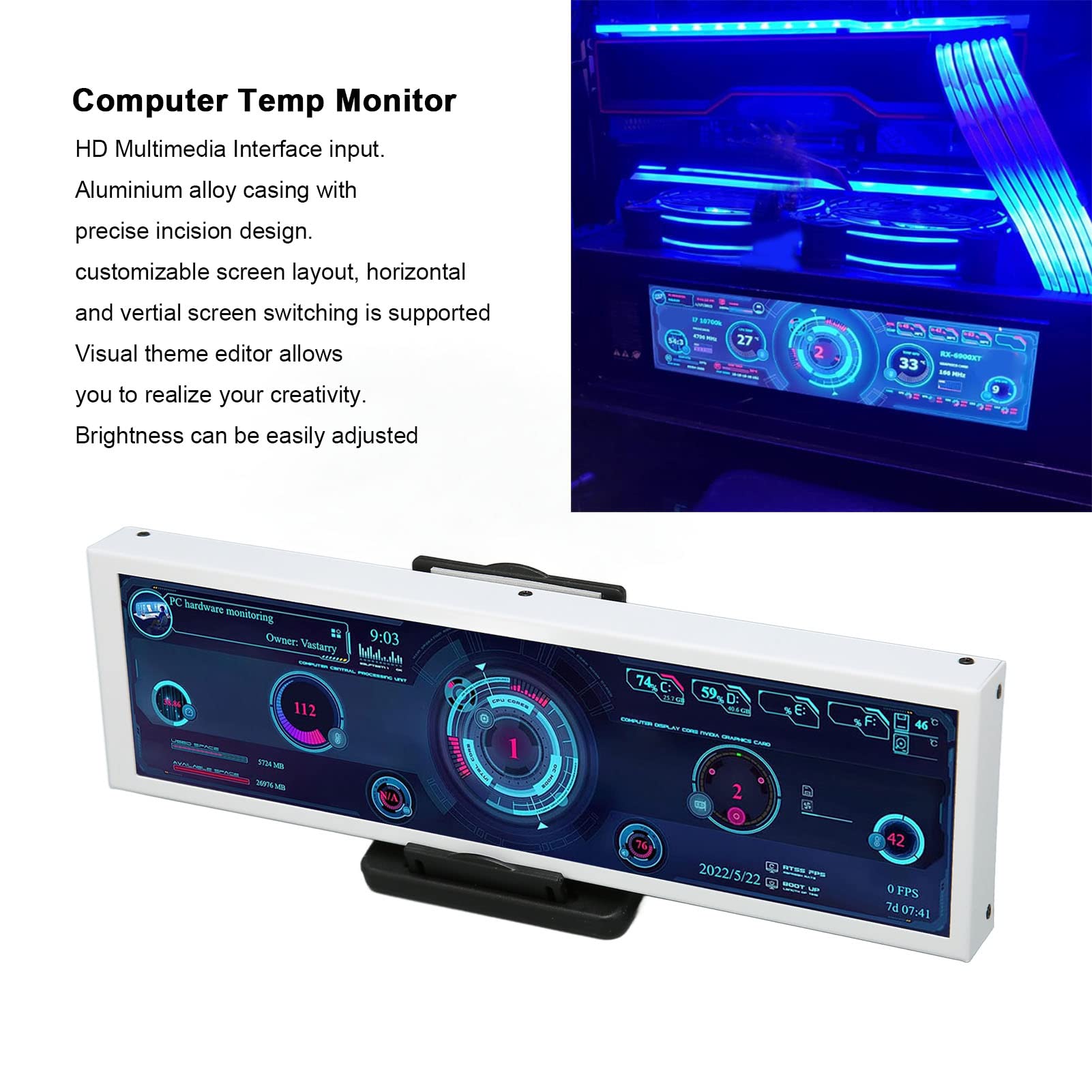 8.8 Inch IPS PC Temperature Monitor with Theme Editor - USB Powered CPU/GPU Data Display for Windows & Raspberry Pi - Perfect for Gaming Rigs & Home Office Setups